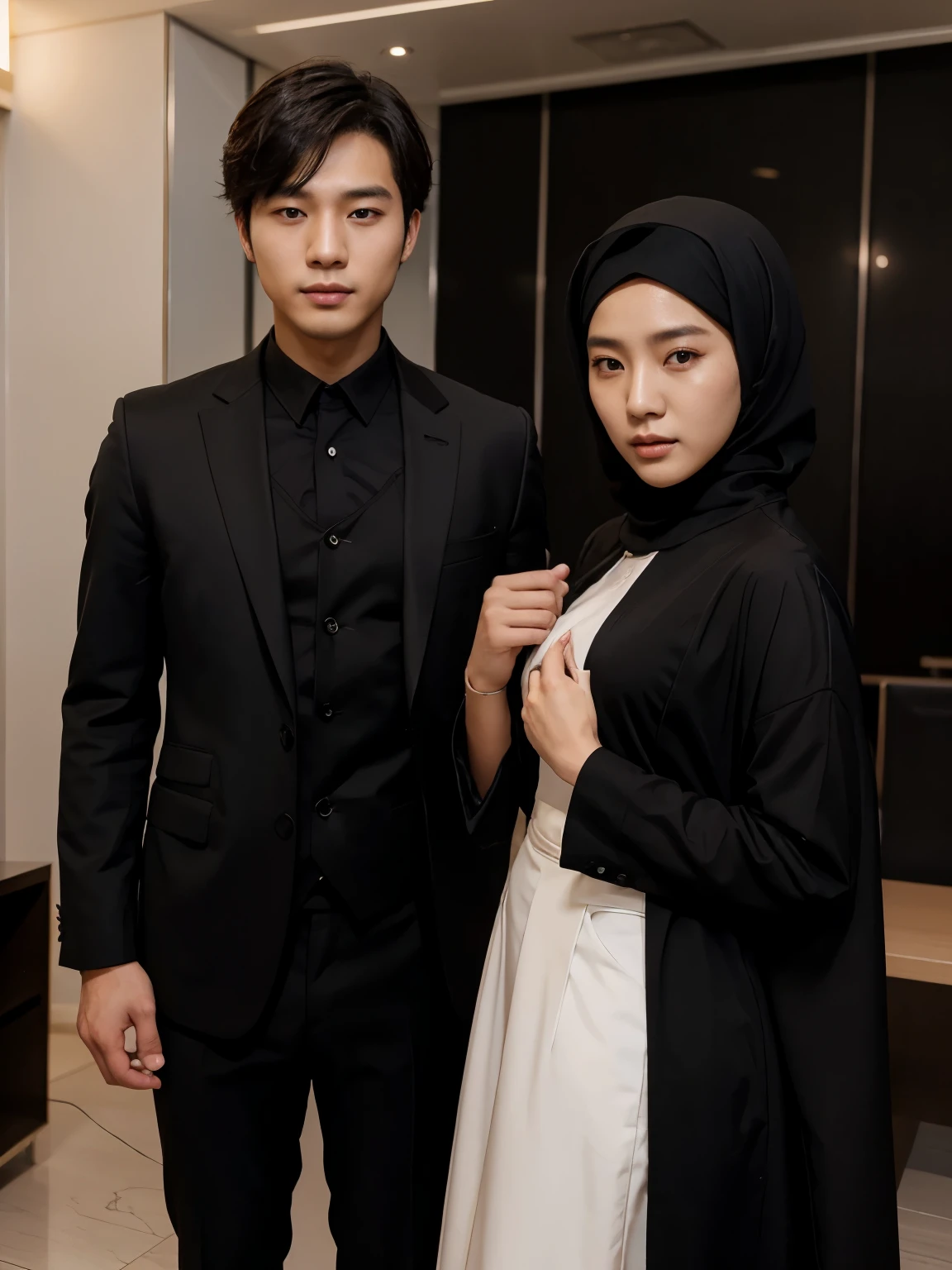 a handsome 27 year old Korean young man wearing a black suit. together with beautiful women wearing hijabs from Indonesia