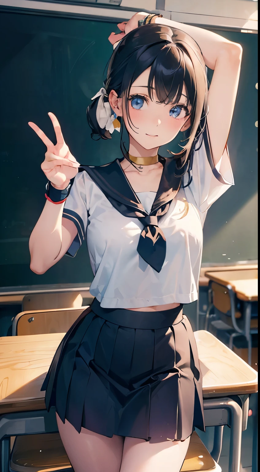top-quality、Top image quality、masterpiece、girl with((18year old、Sailor suit with short sleeves、Black Sports Bra、Blue short skirt、Best Bust、Bust 85、a blond、Longhaire、Blue eyes、open chest wide、Happiness、Black wristband on wrist、A slender、Shy face、earrings、all fours pose,Get closer to your audience、The gesture of pulling up the hair))hiquality、visualart、Romance movie style、Background with((After-school classroom))、masutepiece、