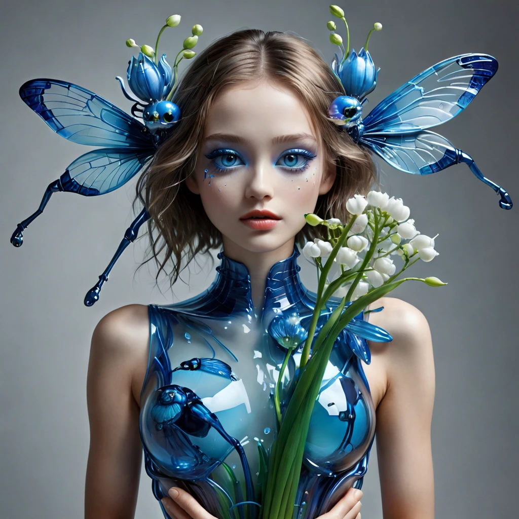 High Resolution, High Quality, Masterpiece. Hyperrealism. The winner is 35awards. Glass sculpture evoking Dale Chihuly's style, captured in the essence of a Patrick Demarchelier photograph, featuring an android girl with disproportionately large, dragonfly-like eyes, cradling a dark blue neon acrylic-metal Lily of the valley, glass flowers in hand, surrealist ambiance infused with themes of love, embrace of affection, hyperrealistic interpretation, 32K resolution, studio setting, ultra-HD clarity, rich in vivid hues, pen and ink precision, optimum composition