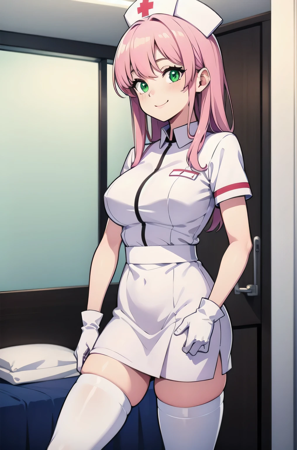 1girl, solo, nurse, white nurse cap, white nurse uniform, ((white legwear, zettai ryouiki)), white gloves, pink hair, green eyes, drooping eyes, smile, standing, ((hospital room)), sharp outline, short sleeves, best quality, masterpiece