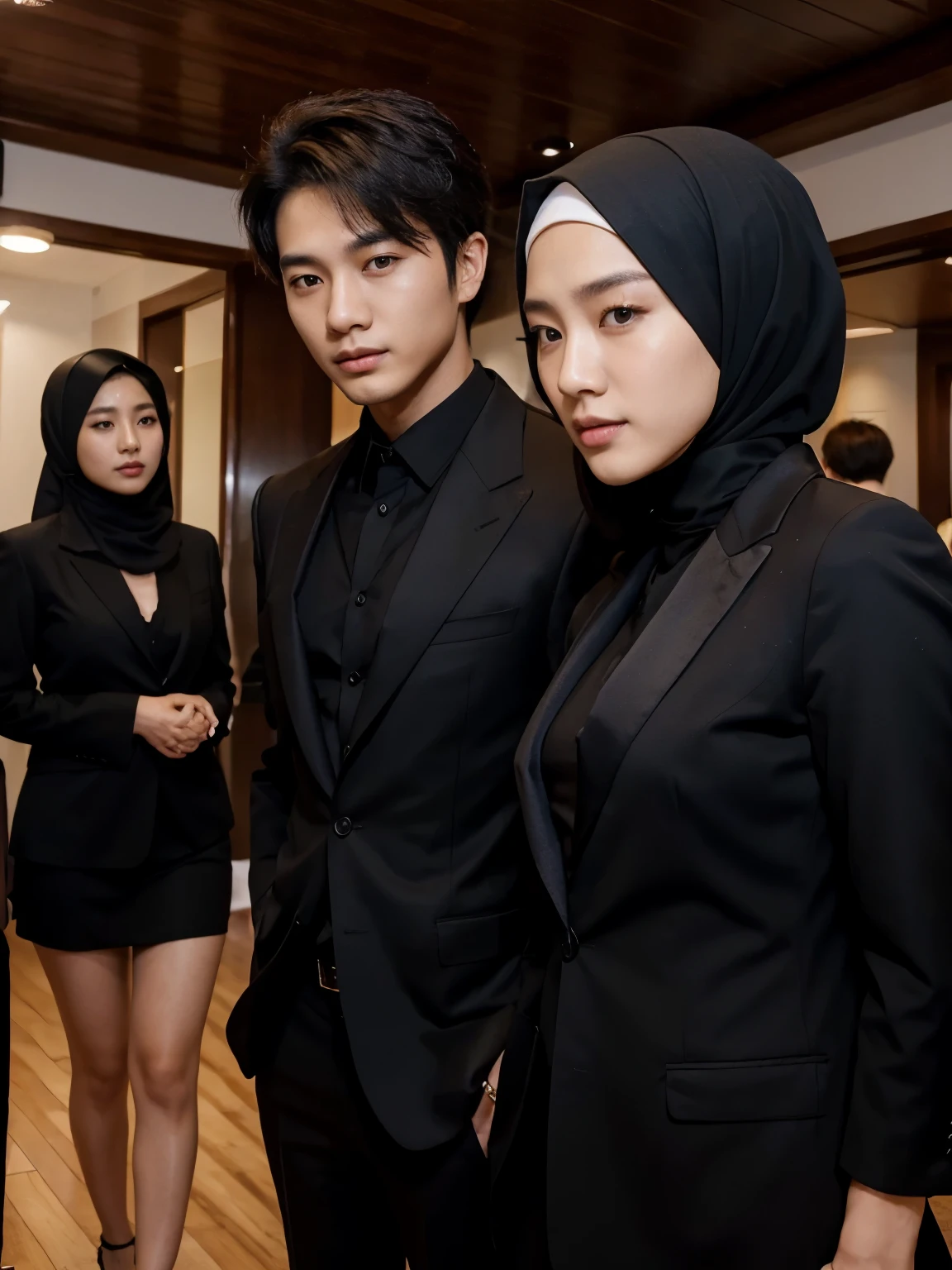 a handsome 27 year old Korean young man wearing a black suit. together with beautiful women wearing hijabs from Indonesia