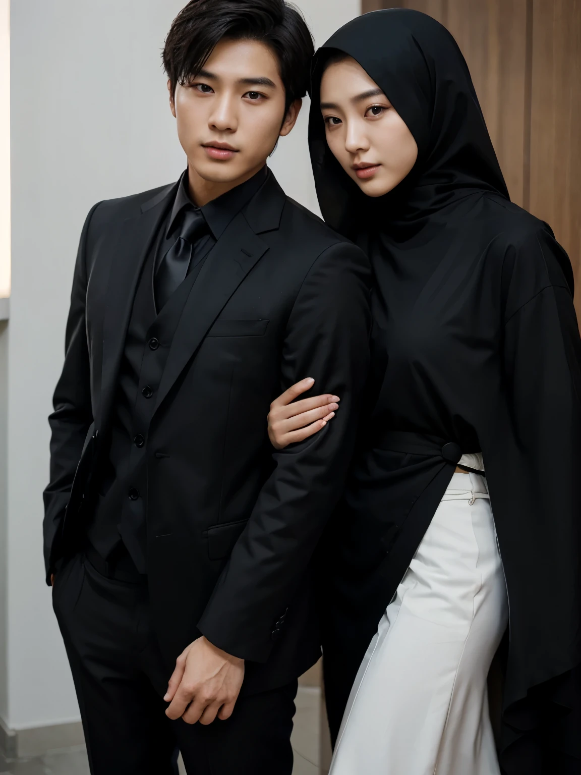 a handsome 27 year old Korean young man wearing a black suit. together with beautiful women wearing hijabs from Indonesia