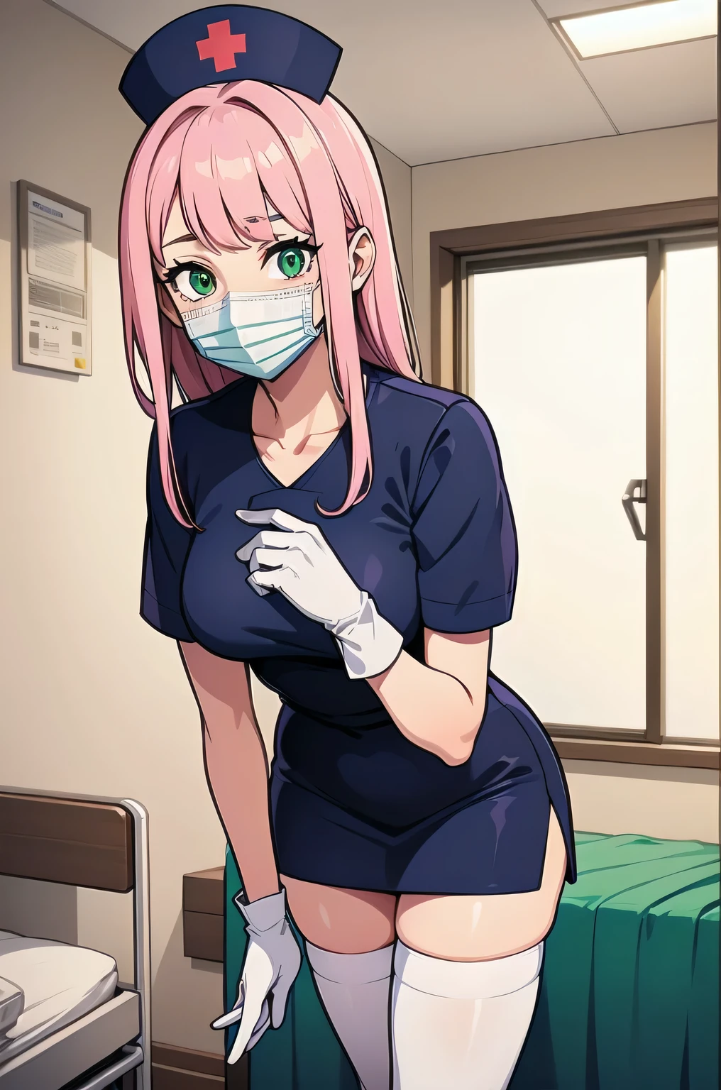 1girl, solo, nurse, white nurse cap, white nurse uniform, ((white legwear, zettai ryouiki)), white gloves, pink hair, green eyes, drooping eyes, ((white surgical mask, covered nose)), standing, ((hospital room)), sharp outline, short sleeves, best quality, masterpiece