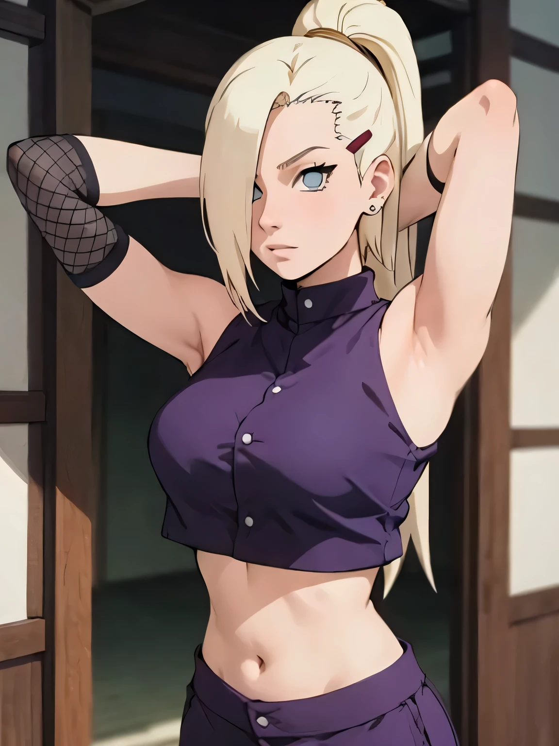 yamanaka ino, purple crop top, sleeveless, hands behind head, long blonde hair, bangs, masterpiece, busty, (: 1.2)