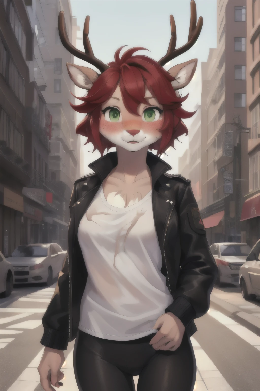 body, whiskers, deer, red hair, (((messy bob hair style))), short hair, fluffy, (antlers), freckles, ((furry)), green eyes, (((blush))), pointy ears, red nose, small breast, in a city, wearing white shirt, black jacket, black leggings, smiling, 4k, masterpiece looking at camera
