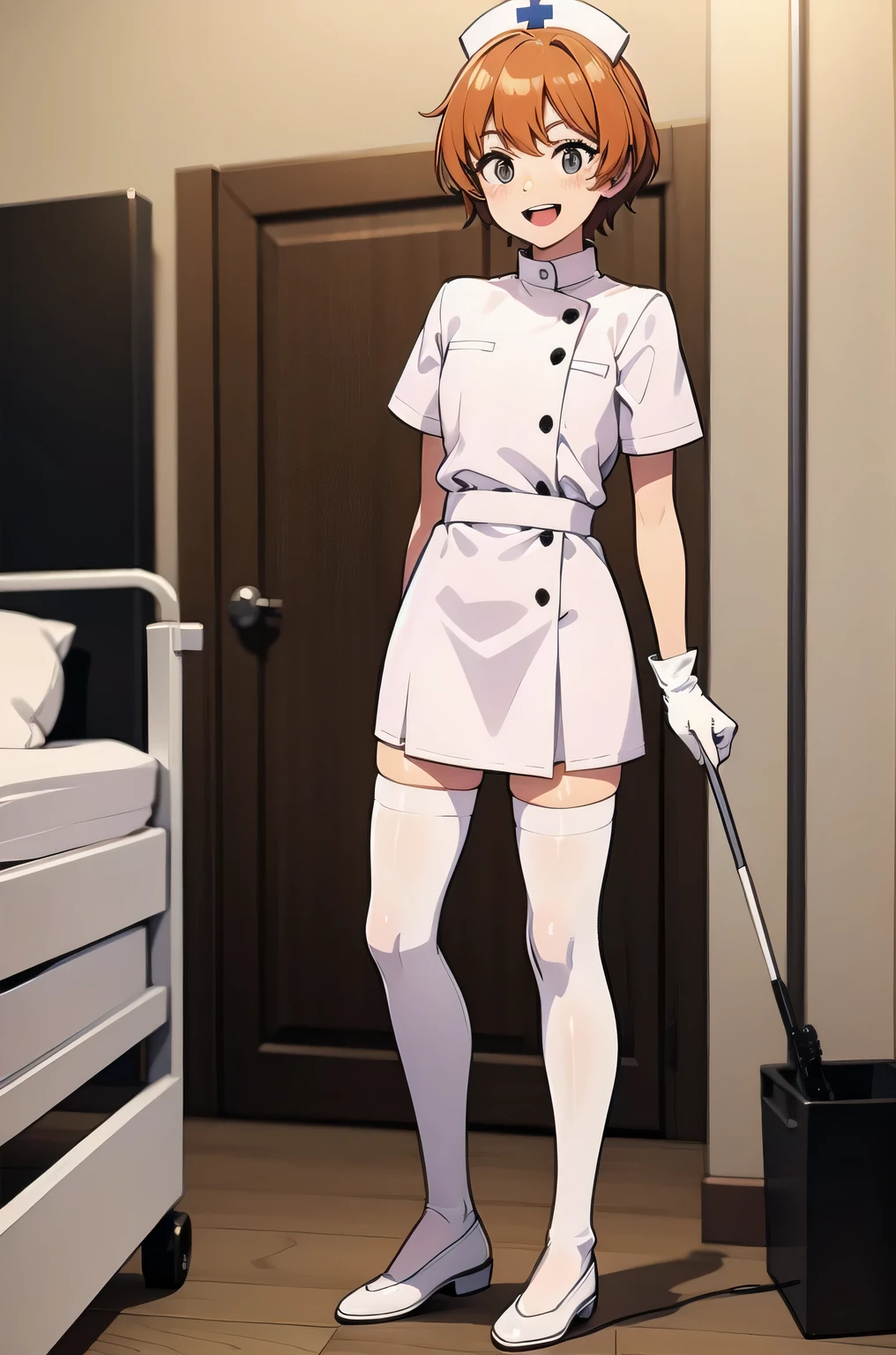 1boy, solo, male focus, nurse, white nurse cap, white nurse uniform, ((white legwear, zettai ryouiki)), white gloves, short hair, orange hair, smile, open mouth, standing, ((hospital room)), sharp outline, short sleeves, shota, 12 years old, best quality, masterpiece