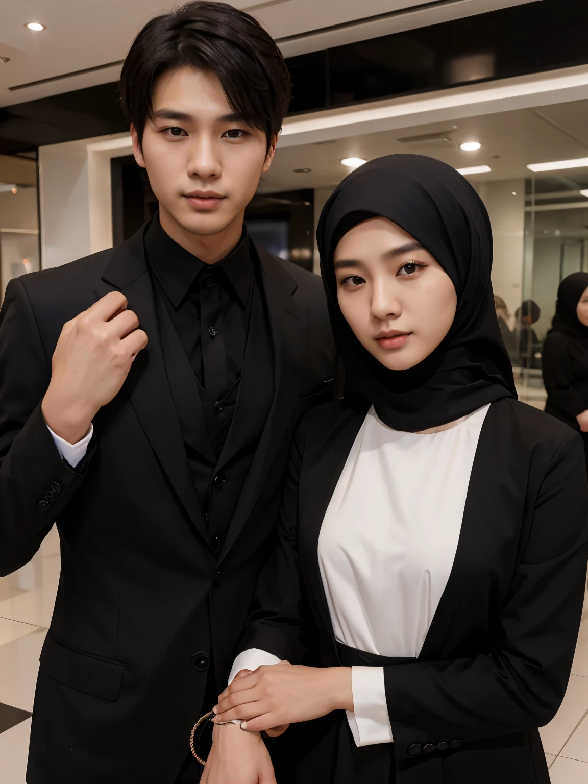 a handsome 27 year old Korean young man wearing a black suit. together with beautiful women wearing hijabs from Indonesia