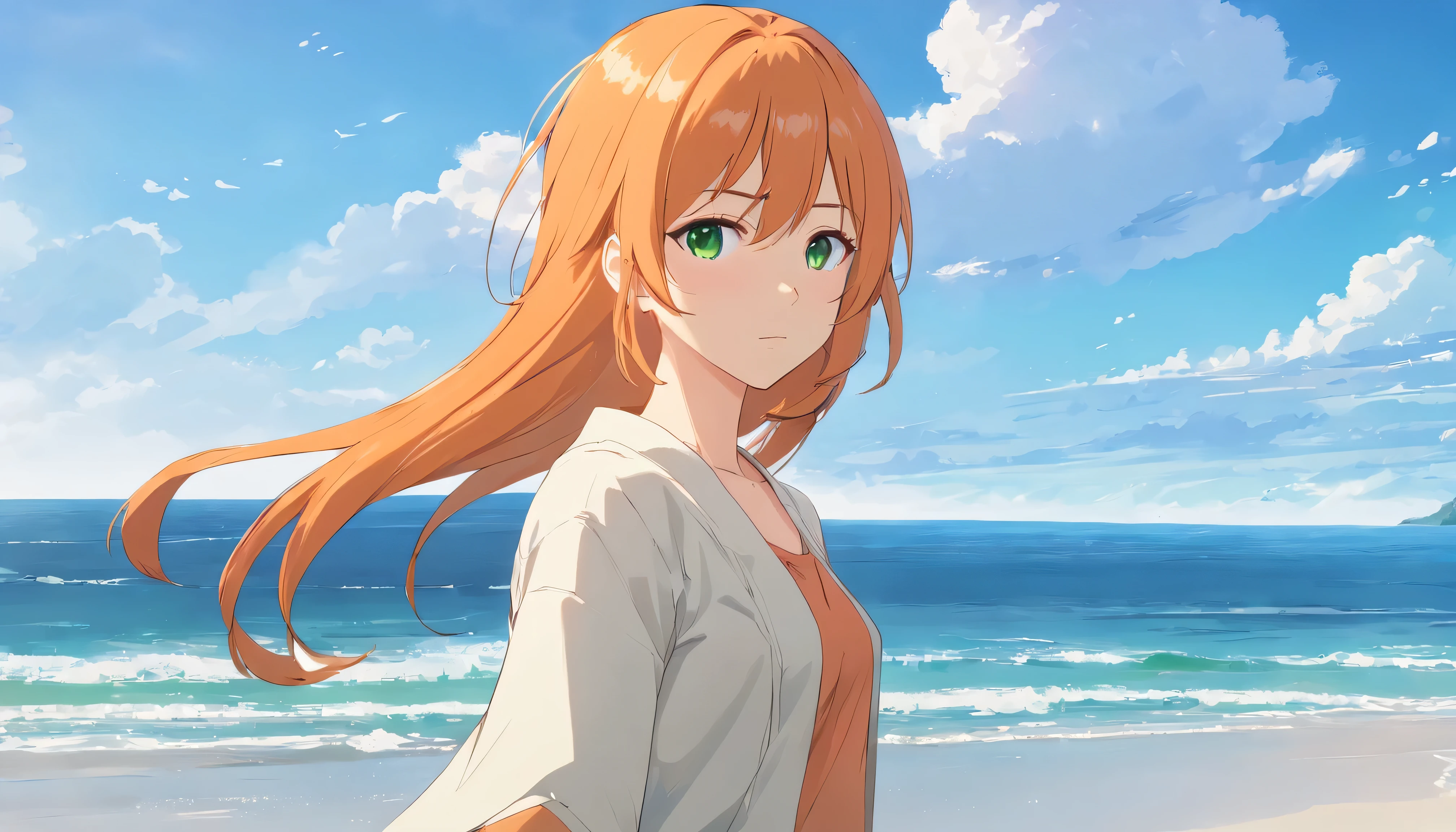 Anime girl with long orange hair, standing on the beach near the ocean, green eyes detailed digital anime art, Anime girl with long hair, гладкое аниме cg art, Anime girl with long hair, digital anime art, work in Guweiz style, Beautiful anime portrait, Photorealistic render of an anime girl, Beautiful anime girl, advanced digital anime art, guweiz на artstation pixiv HD UHD HQ
