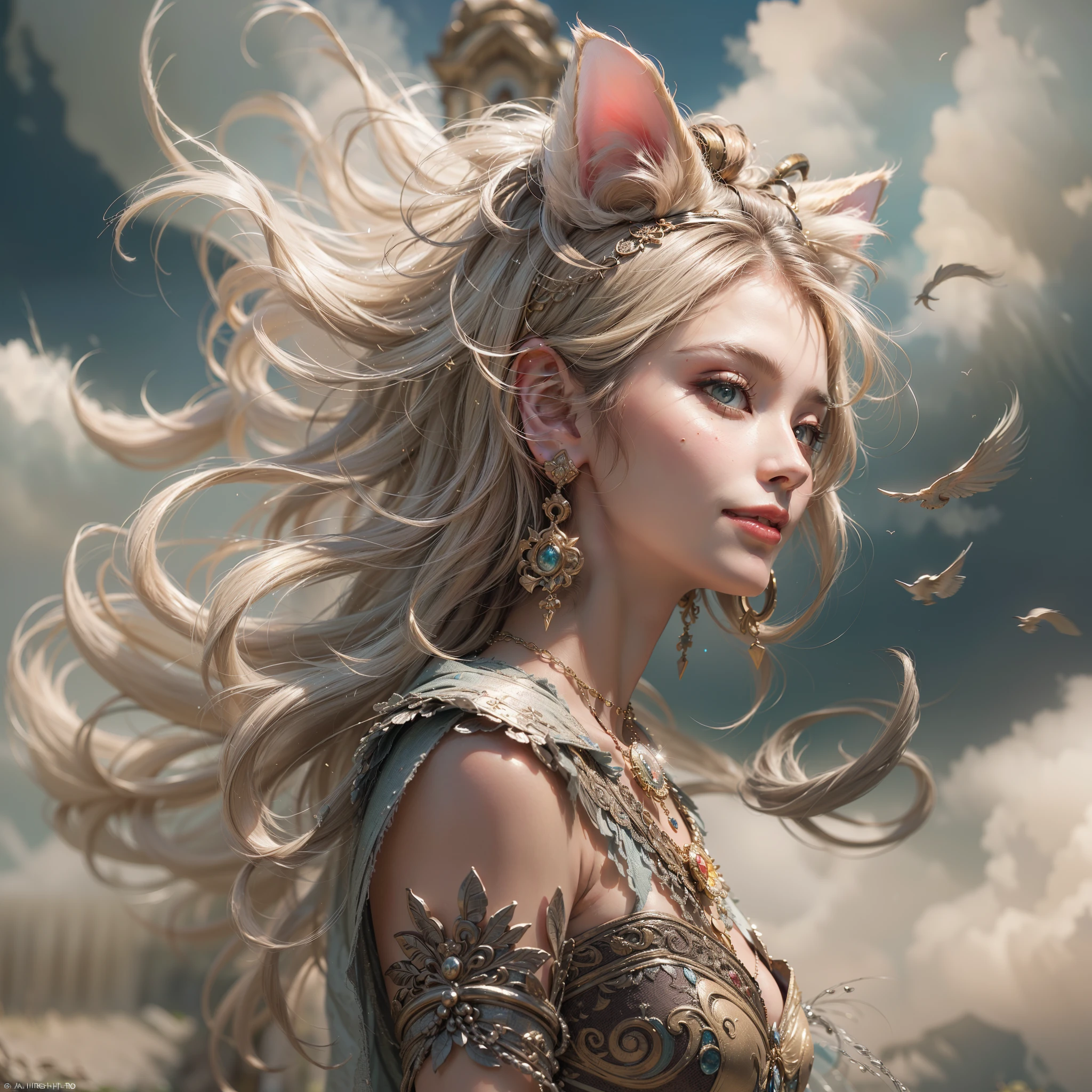 ((cat ears on head:1.5)), (Numerous award-winning masterpiece, incredibly detailed, textured and maximally detailed), (full body standing image:1.9), (surrealistic:1.4), (stunning anatomically perfect and beautiful style:1.9), top qualityreal texture skin, (accurate, perfect circles, symmetrical eyes), detailed face, ((medieval world)), ((sylphid, wind spirit in the sky)), (elegant dress dancing in the wind is elaborately finished in every detail.(The smile of liberated joy on her mouth:1.8), (Clear eyes full of joy:1.5), (Full body standing image:1.9), (Use the magic of the graceful wind:1.7), (Pure and elegant image:1.6), (Swirling wind and sea of clouds in the background:1.5), (Dramatic light), (Magnificent(Her expression is soft and beautiful.), (magnificent scene), (dramatic light), (magnificent light), (her expression is soft and beautiful.), (her expression is soft and beautiful.)(Dramatic photo:1.4), (Dramatic pose), ((Elegant flying pose)), (Golden hair), (Platinum blonde hair), (Silver hair), (Chestnut hair), Short-cut hair, ((Looking up)), (((looking down)), (around her neck, a simple necklace wrapped with ancient and elaborate workmanship. :1.3)), (aura encircling glistening body:1.6)), (swirling wind:1.4)), old ruins overgrown with vegetation, great temple, cathedral, temple ruins, temple away from temple, (shining magic circle), ruins of ancient castle, desolate ruin, crumbling ruins, ancient ruins with clear water, holy light, magnificent realistic(HDR:1.5), (subdued colors:1.2), highly detailed, cinematic, warm light, dramatic light, (complex details:1.1), complex background, highly detailed, surreal, complex details, painting (artwork), ((masterpiece,top quality)), ((cinematic light)), that's awfulDark Fantasy, Faded, ((Neutral Color)), Art, (Art Station:1.5), Light Effects, (Intricate Detail:1.1), Intricate Background, (Greg Rutkowski:0.8), (Teal and Orange:0.4)