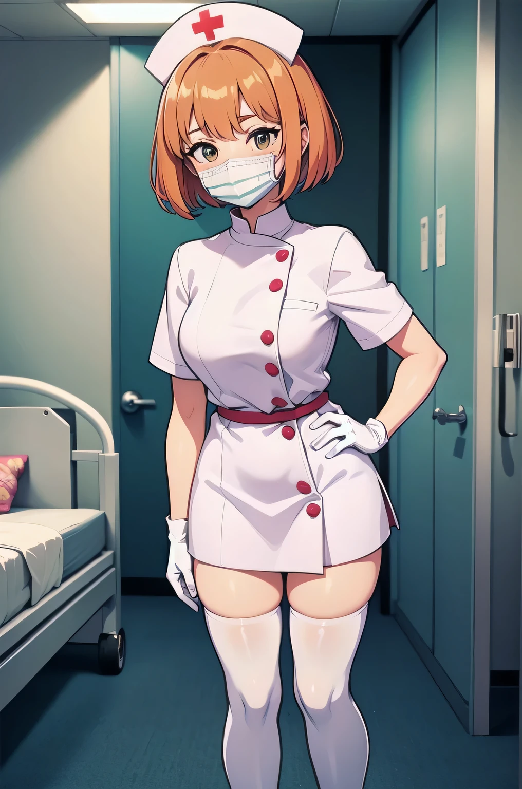 1boy, solo, male focus, nurse, white nurse cap, white nurse uniform, ((white legwear, zettai ryouiki)), white gloves, short hair, orange hair, ((white surgical mask, covered nose)), standing, ((hospital room)), sharp outline, short sleeves, shota, , best quality, masterpiece