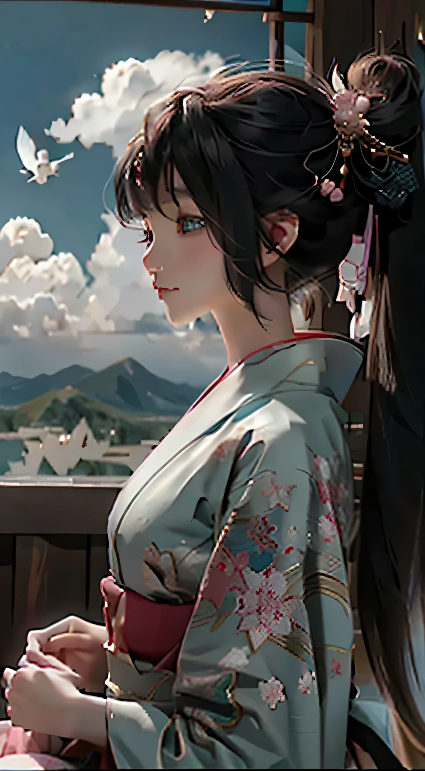 Anime girl wearing kimono sitting on the cloud,birds flying above, anime style 4k, Japanese art style, Beautiful anime, Beautiful anime artwork, Anime Art Wallpaper 4k, Anime Art Wallpaper 4k, anime wallpaper 4k, anime wallpaper 4k, Beautiful anime art, Beautiful anime style, Animation Art Wallpaper 8k, palace , girl wearing hanfu