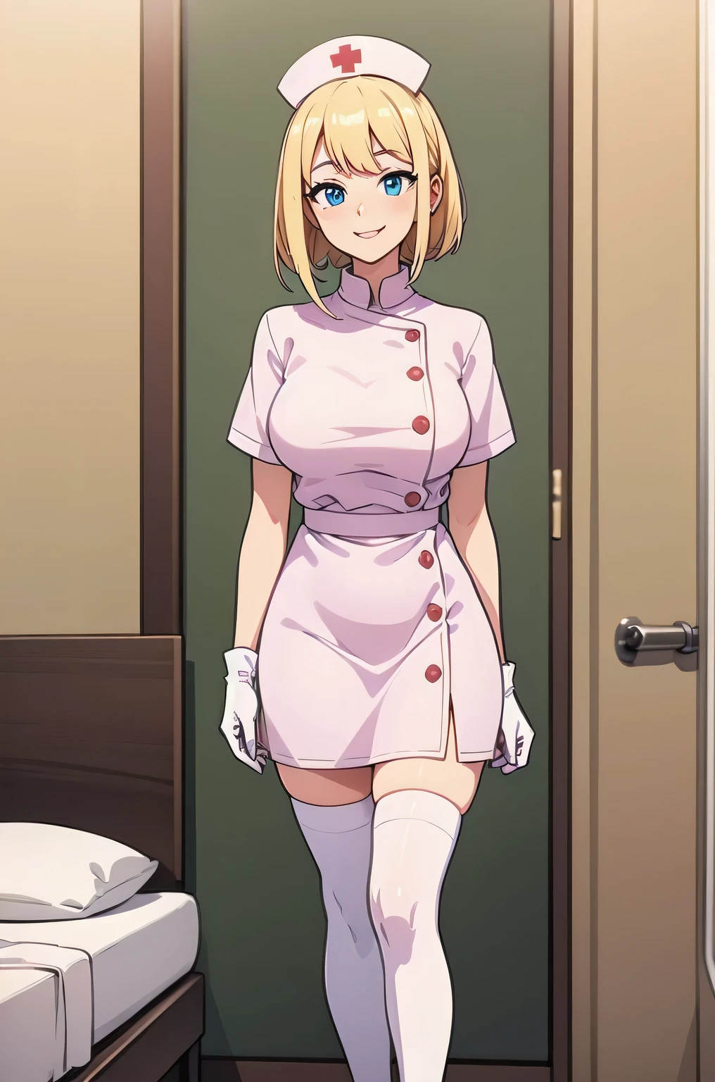 1woman, solo, nurse, white nurse cap, white nurse uniform, ((white legwear, zettai ryouiki)), white gloves, blonde hair, blue eyes, pink lips, smile, standing, ((hospital room)), sharp outline, short sleeves, mature female, 35 years old, best quality, masterpiece