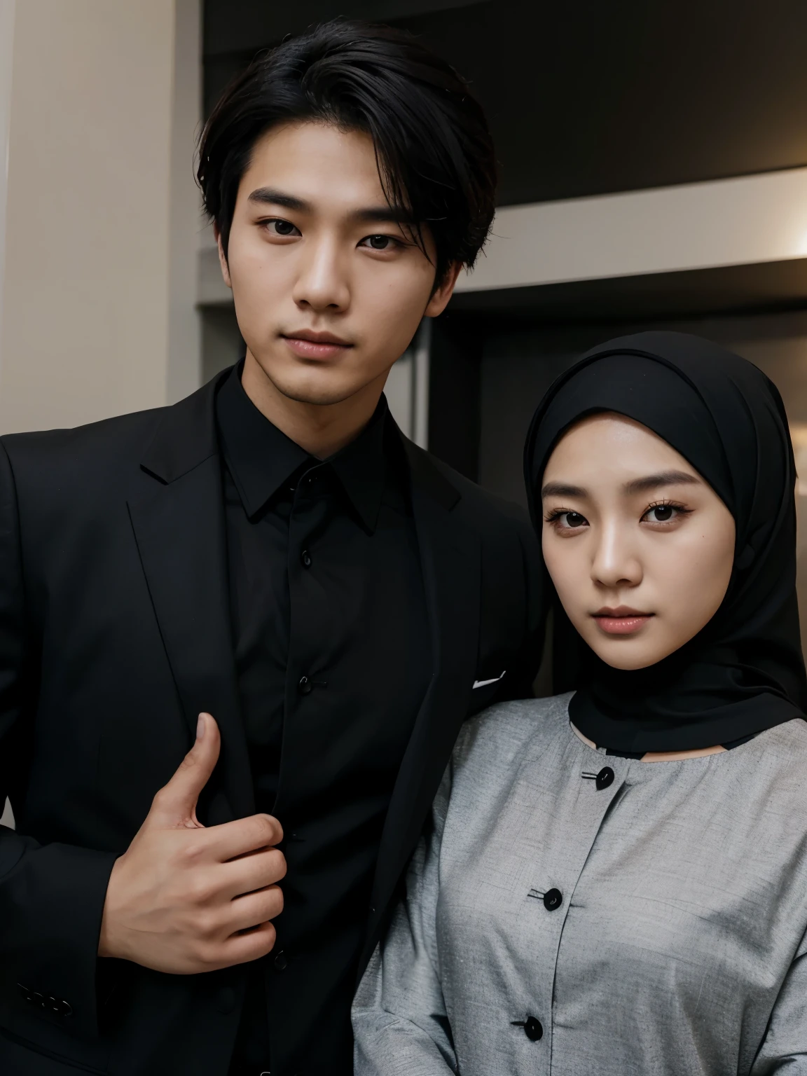 a handsome 27 year old Korean young man wearing a black suit. together with beautiful women wearing hijabs from Indonesia