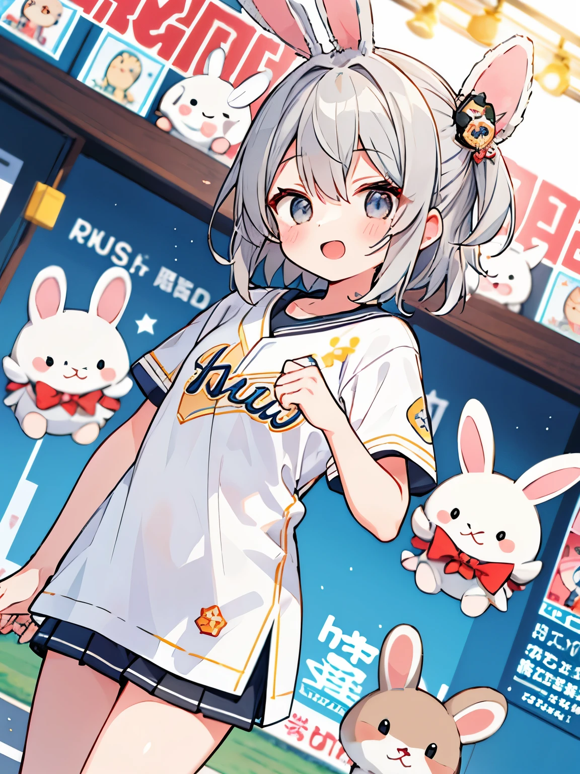 cute, gray hair, baseball, Fukuoka Softbank Hawks, fantasy wonderland, 1 girl, Stinking eyes, Rabbit, dynamic angle, game CG