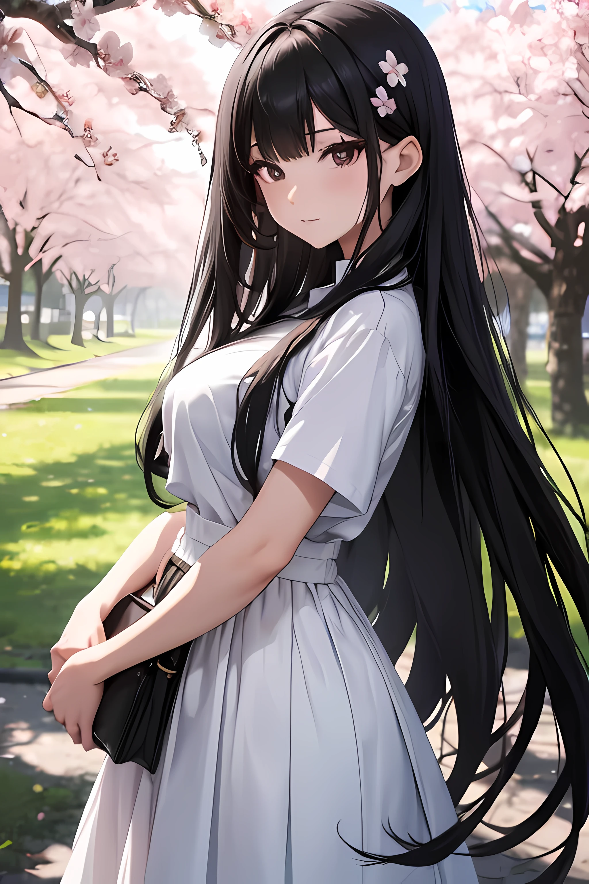 long hair, black hair, Rio, cherry blossom trees in background, wearing plain white shirt, long skirt, absurdres, high res, ultrasharp, 8K, masterpiece, sharp detailed black eyes, medium breast