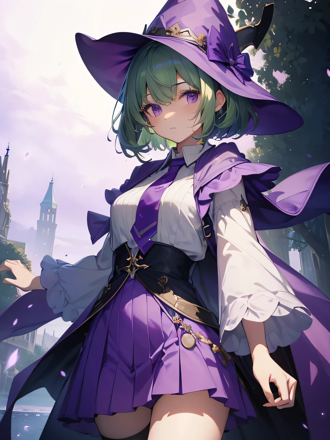 highest quality、very delicate and beautiful、(teenage girl)、purple eyes、green hair、short hair、(Purple Witch Hat)、purple tie、I、short sleeve、purple skirt、purple wizard'robe of、navel pussy、Are standing、facing forward、