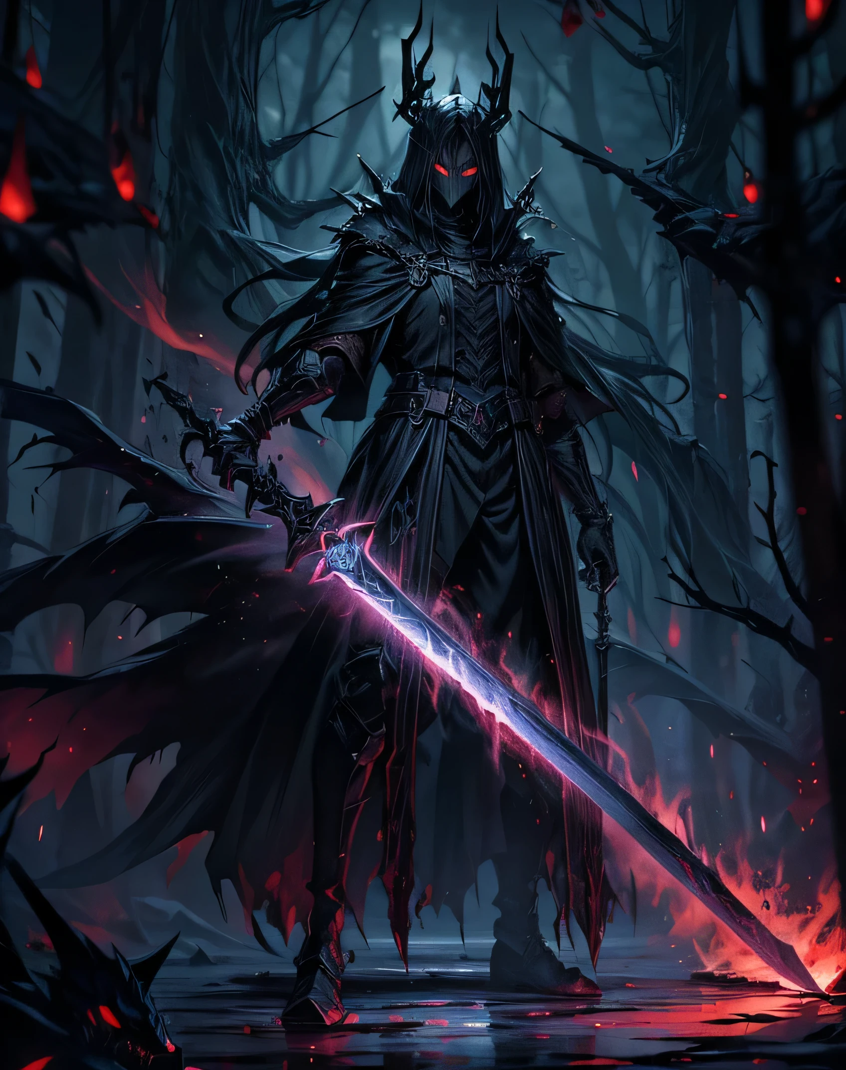 In a dark and oppressive scenario, a character appears inspired by Guts, from Berserk, but even darker and more terrifying. His hair is long and black, as are his arms, creating a sinister appearance. His intense red eyes radiate an evil aura, conveying the ferocity and power that inhabits his being. Clad in black demonic armor, this character exudes a menacing presence. Every detail of the armor is meticulously crafted, bringing to light the evil essence it represents. It features a gauntlet-shaped hand with demonic black claws, reminiscent of a hellish nature. The cloak he wears is as dark as the night itself, shrouding him in macabre shadows. On this cape, as well as on his sword, there are black aura effects that emanate mystery and dark energy. In his hands, he wields a colossal sword, a Dragon Slayer, as imposing and brutal as the entity that wields it. The dark effects surrounding the blade, the intricate and sinister details, make the weapon a true manifestation of terror and destruction. This character, with his frightening appearance, personifies the essence of darkness and horror. His presence is threatening, his energy radiates an overwhelming malevolence. He is a force to be feared, resonating with his enemies' worst nightmare. With the highest quality and attention to detail, colors and dark effects are enhanced to convey the full essence of this terrifying being. It is an image that inspires fear and at the same time fascinates, as it reveals the depth of the dark abysses of the human soul.,More Details