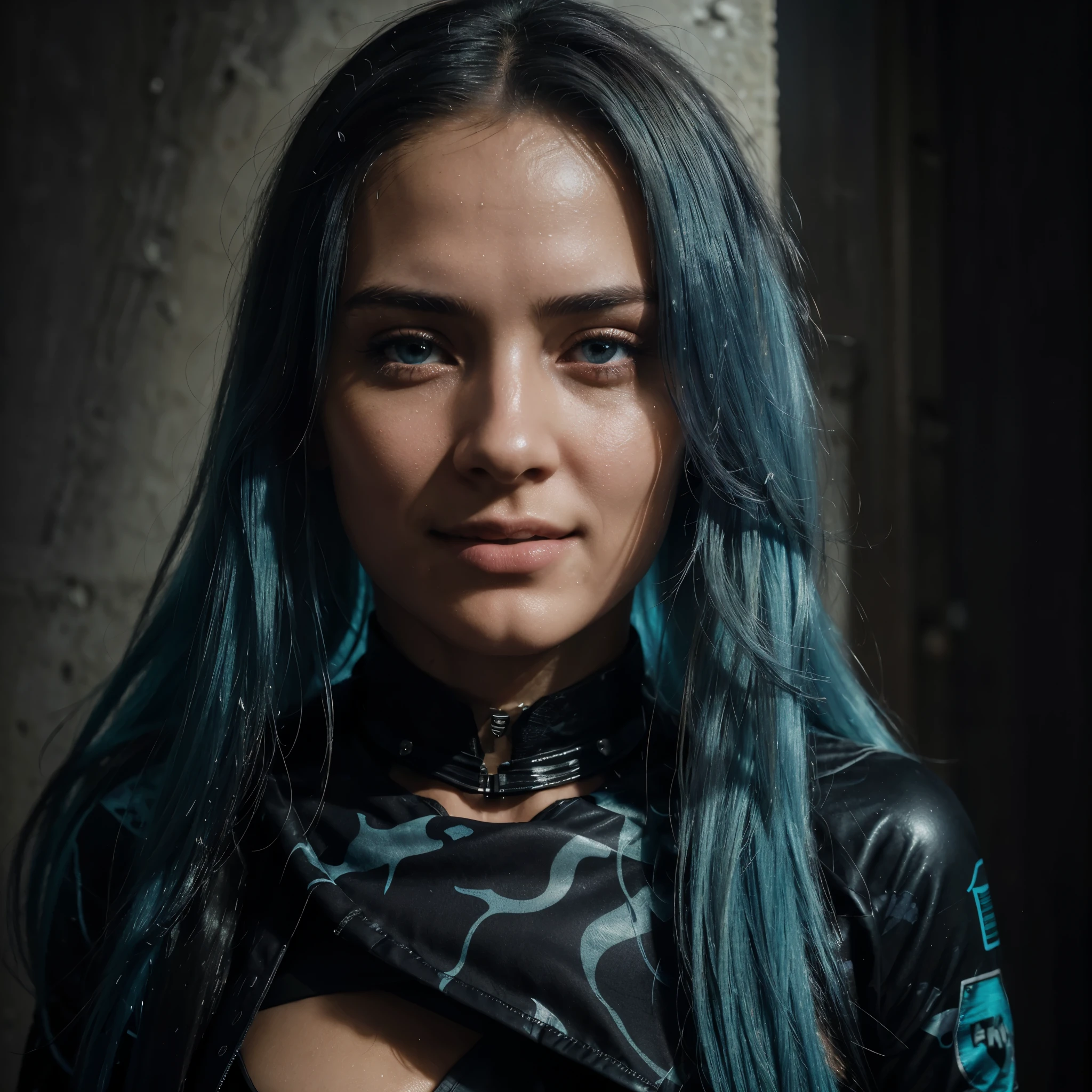 Front view, standing against wall, beautiful 23 year old girl with light blue hair, long straight hair, happy smile, black camo underwear, latex black camo underwear, wet hair, moody cinematography, dull colours, hyper realistic, highest quality, ultra realistic, extremely detailed, hd, HDR, hyper detailed, professional photoshoot, cinematic, ultra detailed, beautiful body, visually rich, concept art, luminous, intricate details, subtle colors, extremely detailed, ultra sharp focus, light particles, attention to detail, grandeur and awe, stunning visual masterpiece, double exposure, 32k, photorealistic, strong outlines, cinematographic scene, highest quality
