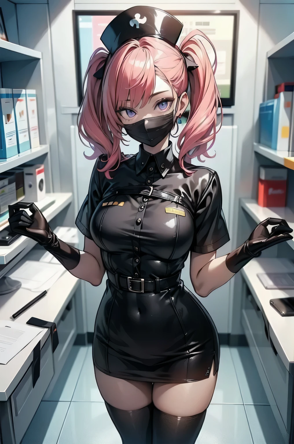 black nurse, 1girl, solo, black nurse cap, black nurse uniform, ((black legwear, zettai ryouiki)), black elbow gloves, twintails, yellow hair, purple eyes, ((black surgical mask, covered nose)), standing, ((surgery room)), sharp outline, short sleeves, best quality, masterpiece