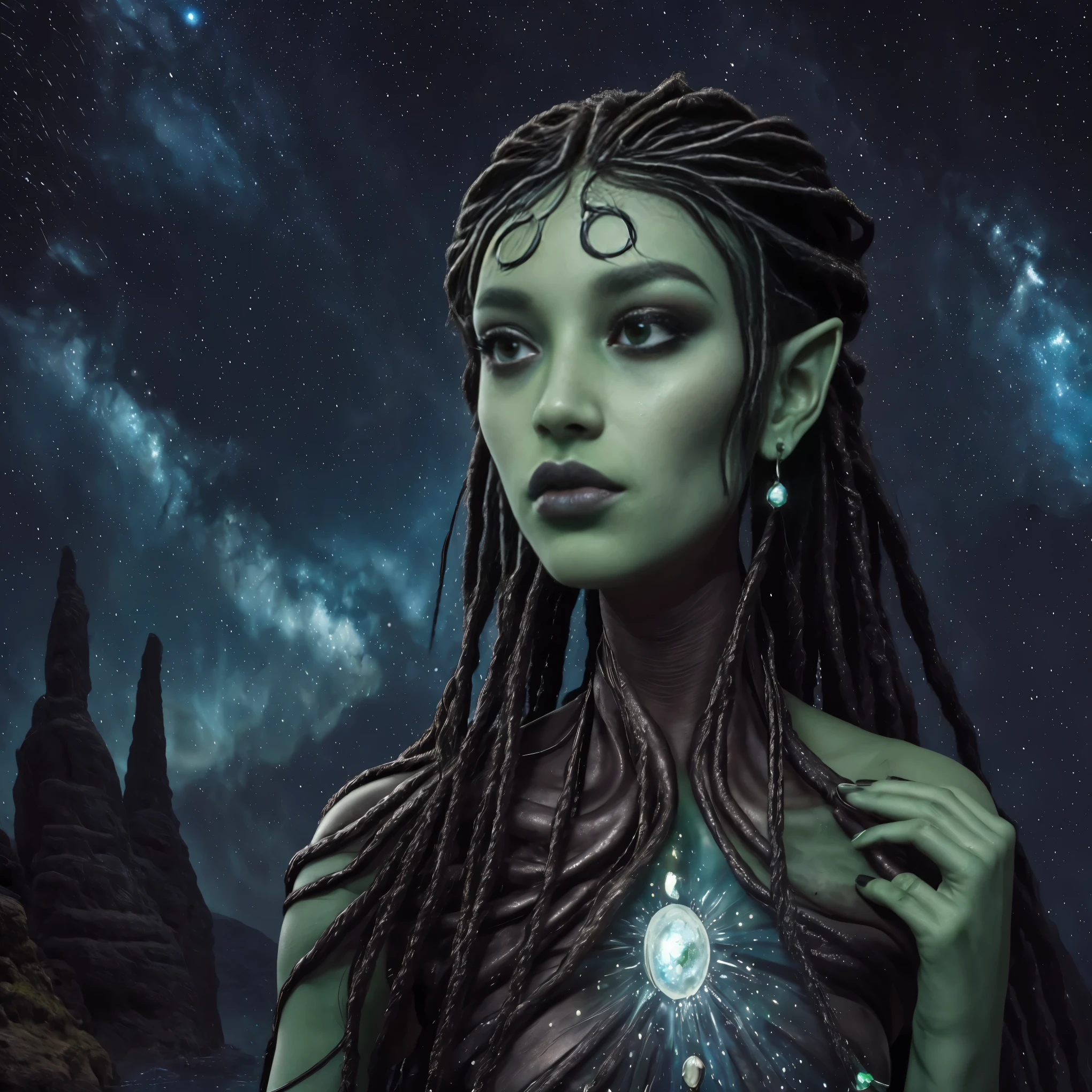 nimnue,pele verde,areola,cabelo pontudo,cabelo preto,cabelo longo,olhos azuis brilhantes,lips,jewelry between the clavicle,
tronco,pulseiras,
caverna,starry sky,
(incrivelmente detalhado, lindo rosto detalhado, obra de arte, melhor qualidade),Sozinho,
