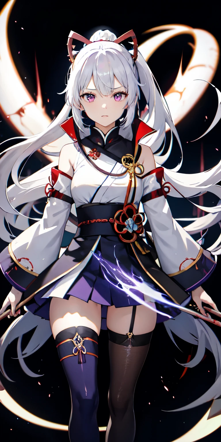 1girl, japanese clothes, ponytail ,white hair, purple eyes, magic circle, blue fire, blue flames, wallpaper, landscape, blood, blood splatter, depth of field, night, light particles, light rays, sidelighting, thighs, fate \(series\), genshin impact, ****, open jacket, skirt, thighhighs, cloud showing her pussy