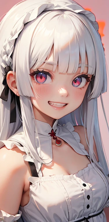Beautiful and detailed chibi face perfectly with blue eyes white skin eyeliner and open mouth showing vampire fangs, nsfw image 1.2 on the bed excited grandae oppais and looking at the viewer with desire, butt lifted and popped