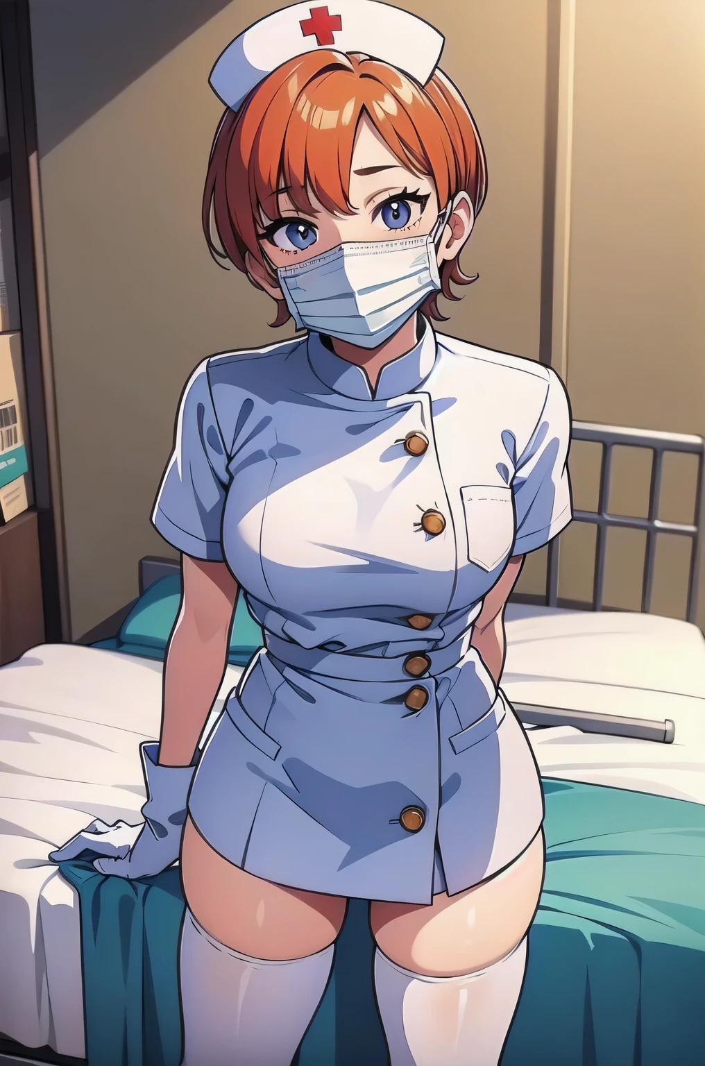 1boy, solo, male focus, nurse, white nurse cap, white nurse uniform, ((white legwear, zettai ryouiki)), white gloves, short hair, orange hair, ((white surgical mask, covered nose)), standing, ((hospital room)), sharp outline, short sleeves, shota, 12 years old, best quality, masterpiece