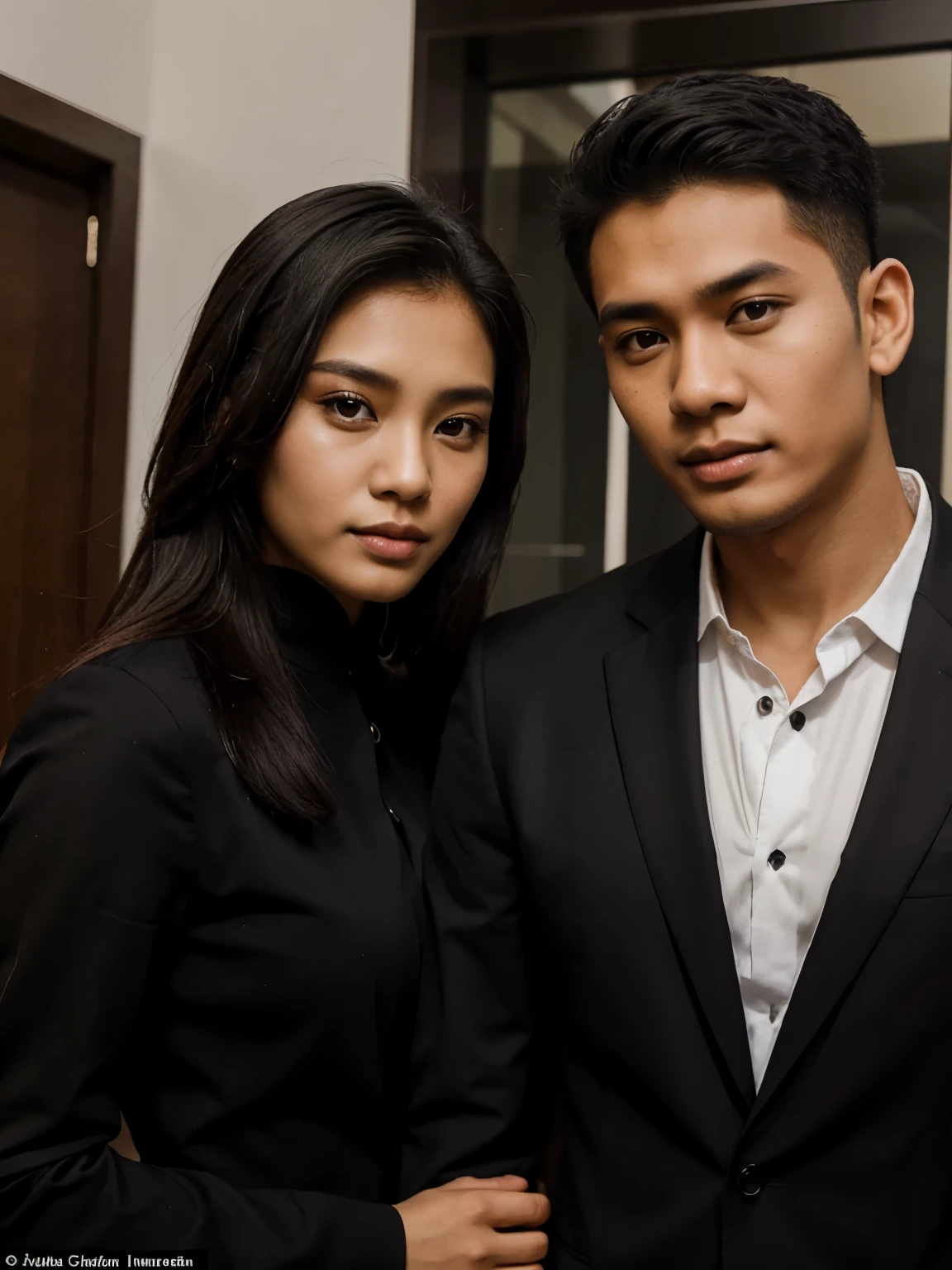 a handsome Indonesian young man aged 27 years wearing a black suit. together with a beautiful woman from Indonesia
