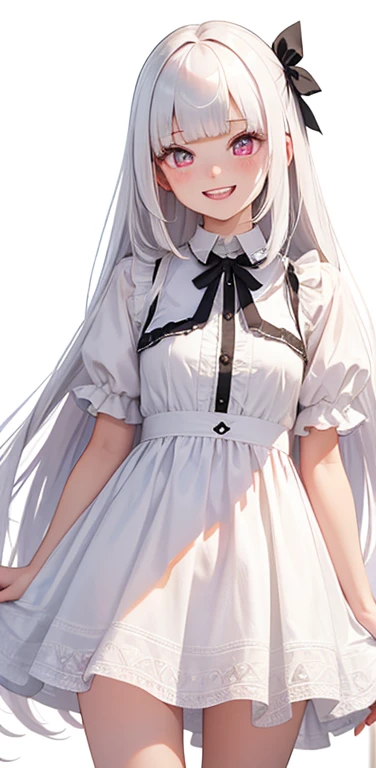 (8K、highest quality、masterpiece:1.2)、Super detailed、super resolution、Realistic、(1girl) 、(white hair)、(blunt bangs:1.5),pink eyes、(face focus,cowboy shot),(glowing eyes:1.4),(sundress:1.3)、(grin:1.3),open mouth、cute face,blush、small breasts,hair ribbon,(simple background),