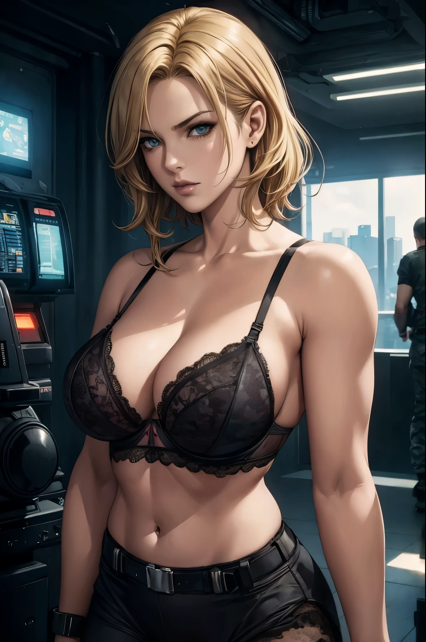 super fine illustration, ultra high resolution, masterpiece, highest quality, perfect shiny shinny skin, perfect lighting, detailed lighting, dramatic shadow, ray tracing, 1 beautiful white milf, looking at the viewer, small breasts, ((beautiful detailed hazel eyes)), sharp face, clear eyes, long bangedium curly hair)), ((blond hair)), ((cyberpunk dark city)), Upper body, ((black lace bra:1.35)), camouflage long pants, military harness, Alice Abernathy - Resident Evil Series, Milla Jovovich,