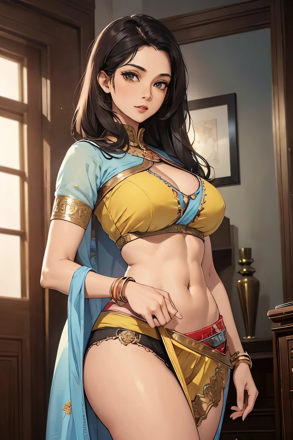 (masterpiece, best quality, detailed illustration, high resolution), ((1girl, solo)), ((huge breasts, slim waist, long legs, fit body, toned body)), ((black hair)), ((yellow saree)), ((full body, closeup view)), ((standing)), ((looking at the viewer, facing the viewer)), office setting, ((tan skin, tanned skin)), ((oiled skin)), ((large breasts, mature woman, mature female, mature lady)), ((indian woman)), ((straight hair)), (detailed eyes), ((standing)), ((muscular body, abs)), ((warrior girl)), ((big breasts, mature girl))