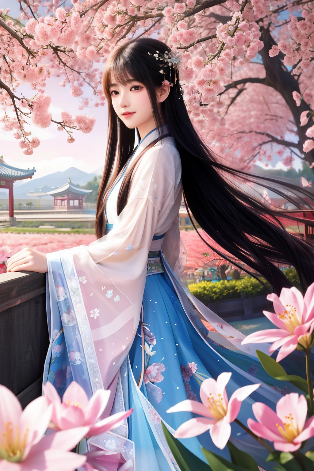 Create a stunning 3.8 Women's Day poster with exquisite details and vibrant colors. Dainty ink splashes and splashes of color adorn the clear sharpen focused image, transforming it into a beautiful watercolor masterpiece. The image features a solo, serene scene of women enjoying the floral background, surrounded by an array of blossoms in their most beautiful and delicate forms. The panoramic shot showcases a picture-perfect, Hermoso campo de flores, where the soft tones of the tianyan flowers harmoniously blend with the jingni hues of the petals. The poster, with a 1.4 aspect ratio, is designed in a traditional Korean