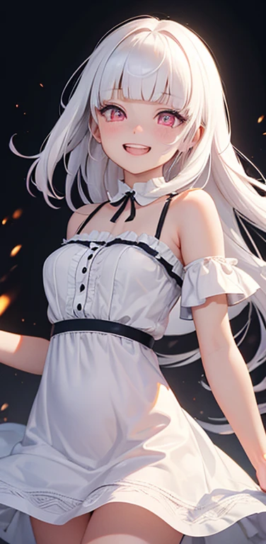 (8K、highest quality、masterpiece:1.2)、Super detailed、super resolution、Realistic、(1girl)  、(white hair)、(blunt bangs:1.5),RED eyes、(face focus,cowboy shot),(glowing eyes:1.4),(sundress:1.3)、(grin:1.3),open mouth、cute face,blush、small breasts,hair ribbon,(simple background),