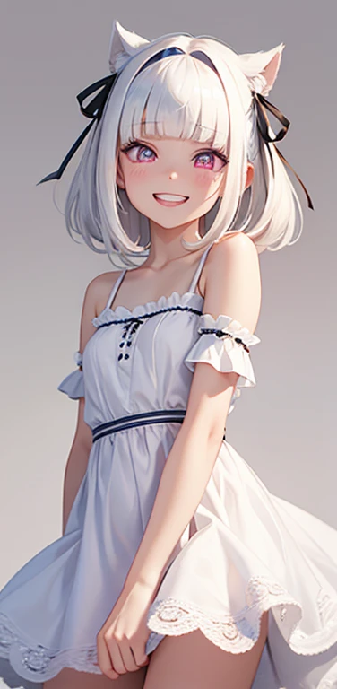 (8K、highest quality、masterpiece:1.2)、Super detailed、super resolution、Realistic、(1girl) 、(white hair)、(blunt bangs:1.5),pink eyes、(face focus,cowboy shot),(glowing eyes:1.4),(sundress:1.3)、(grin:1.3),open mouth、cute face,blush、small breasts,hair ribbon,(simple background),