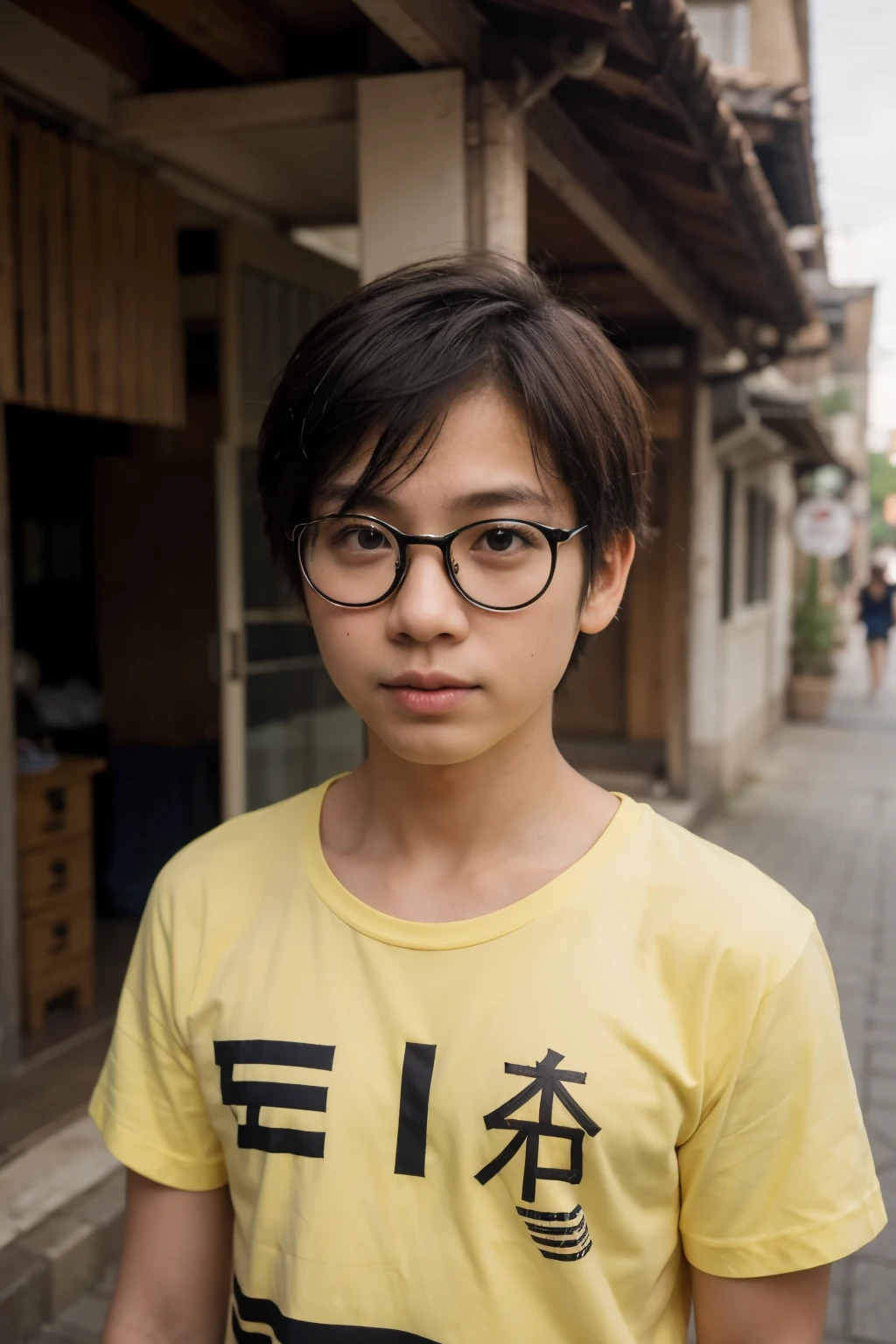realistic nobita from doraemon, a boy with yellow t-shirt use eye glass asian face, background vilage 