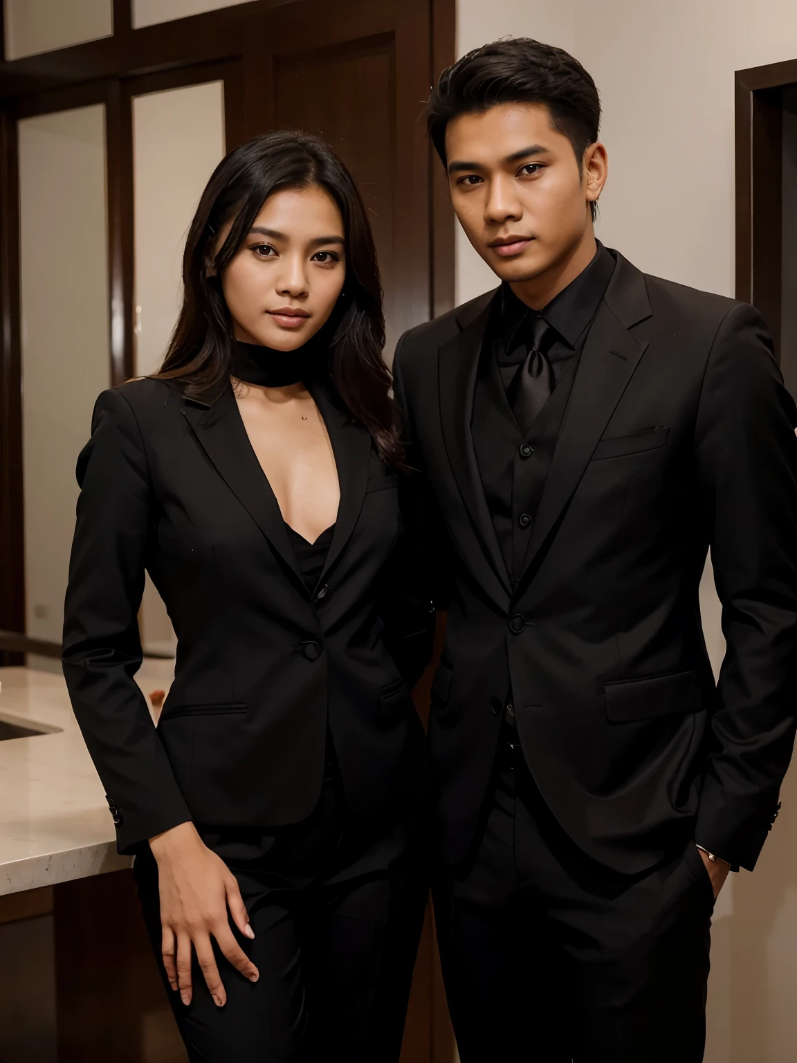 a handsome Indonesian young man aged 27 years wearing a black suit. together with a beautiful woman from Indonesia