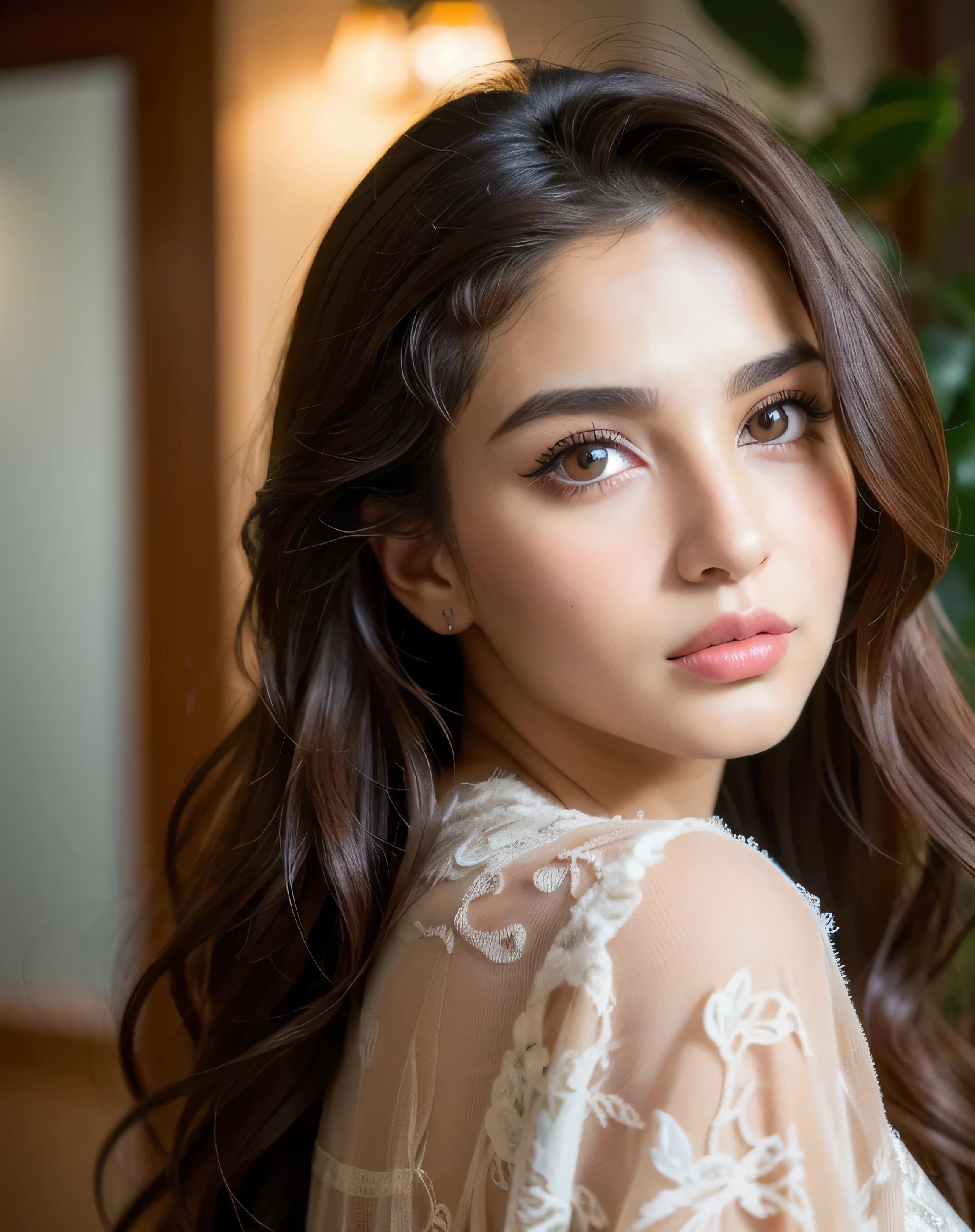 best quality, face focus, soft light, ultra high res, (photorealistic:1.4), RAW photo,
1persian girl, solo, cute, (pupil, lights in the eyes),  detailed beautiful face, (),(high resolution detail of human skin texture),
(long curly hair),
indoor,
Damask Shirt Dress,
(portrait)