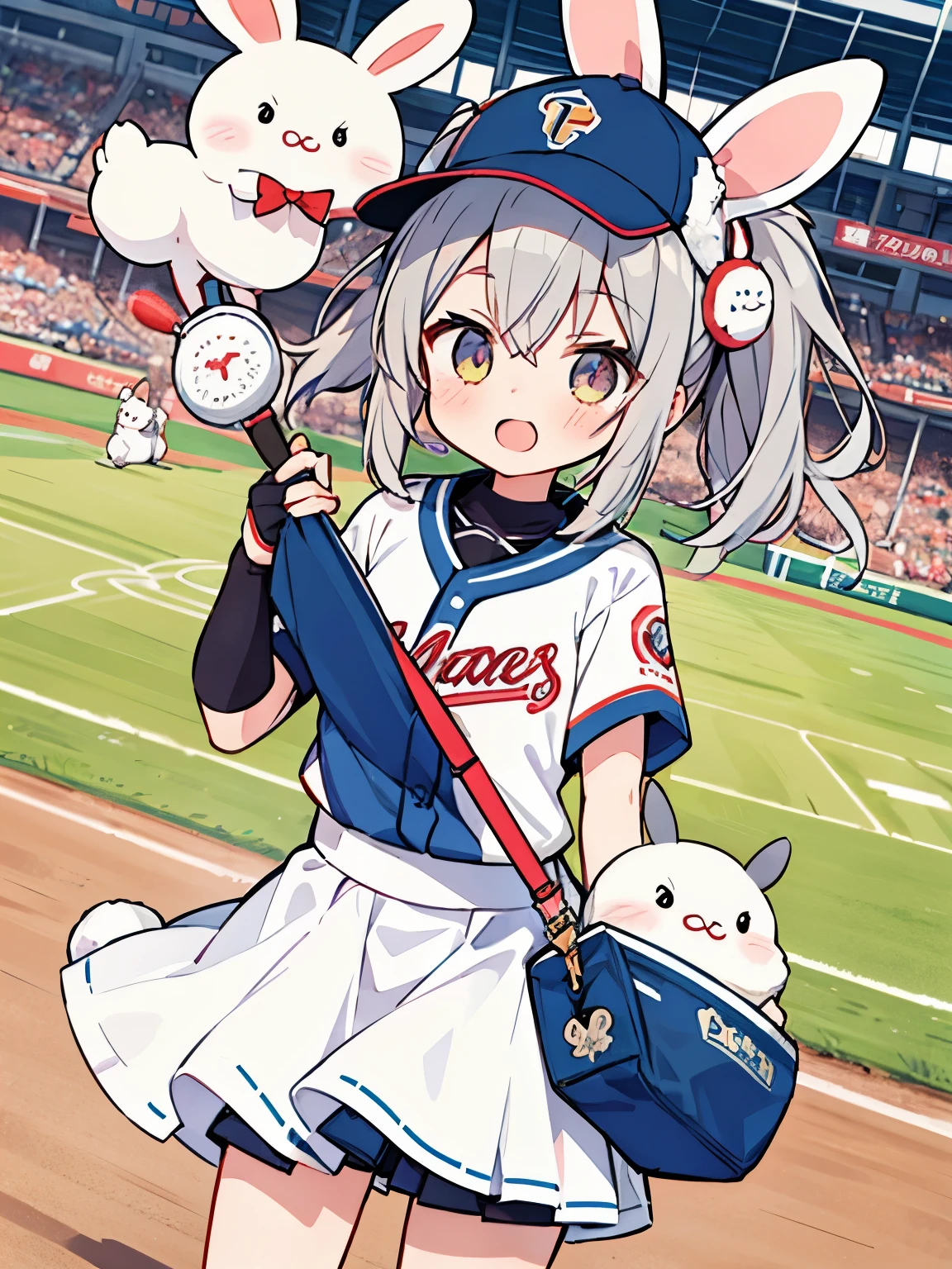 cute, gray hair, baseball, Fukuoka Softbank Hawks, fantasy wonderland, 1 girl, Stinking eyes, Rabbit, dynamic angle, game CG
