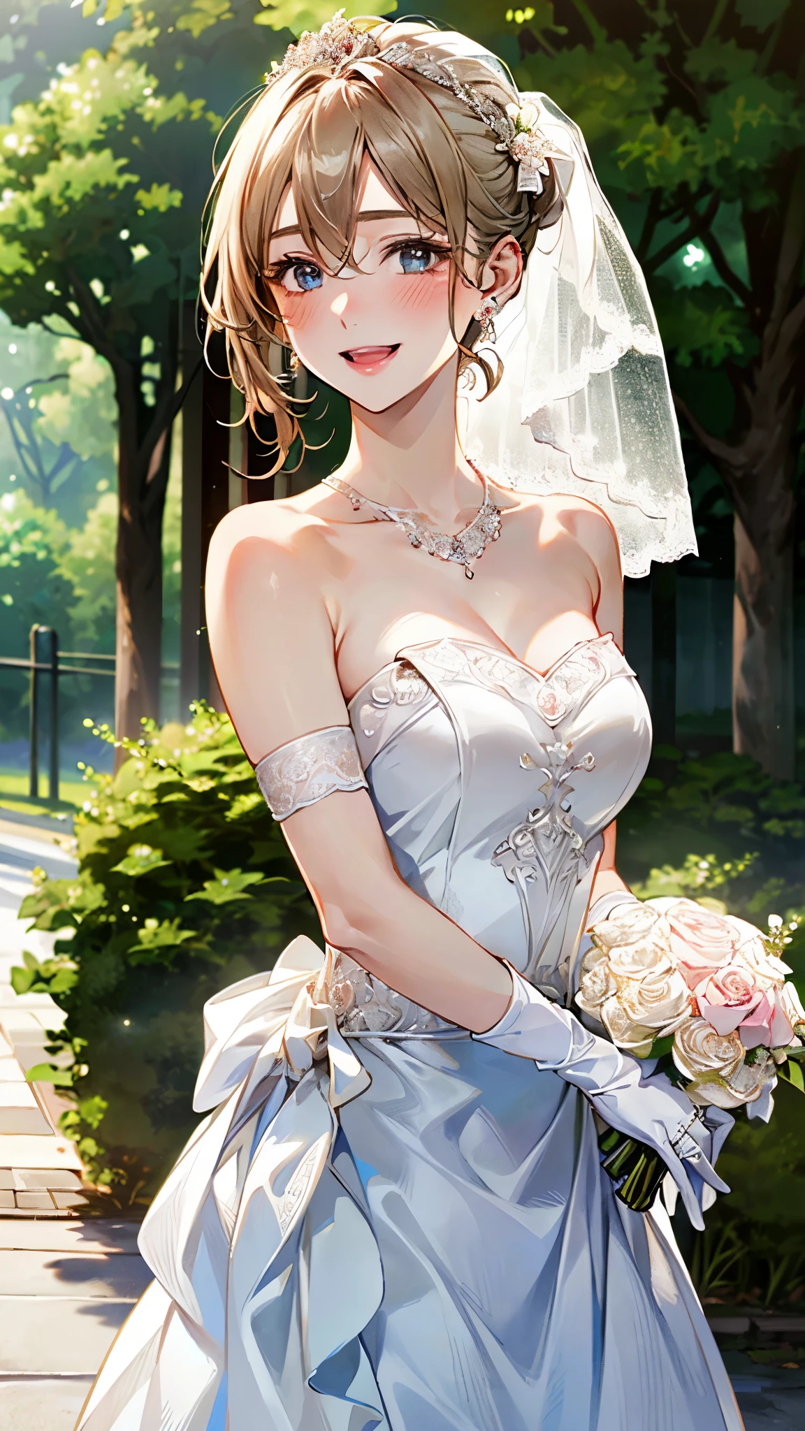 Anime bride in a wedding dress with a bouquet of flowers - SeaArt AI