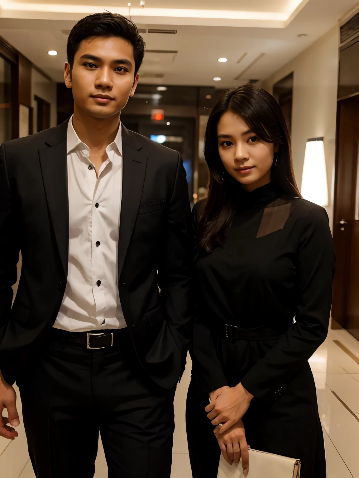 a handsome Indonesian young man aged 27 years wearing a black suit. together with a beautiful woman from Indonesia