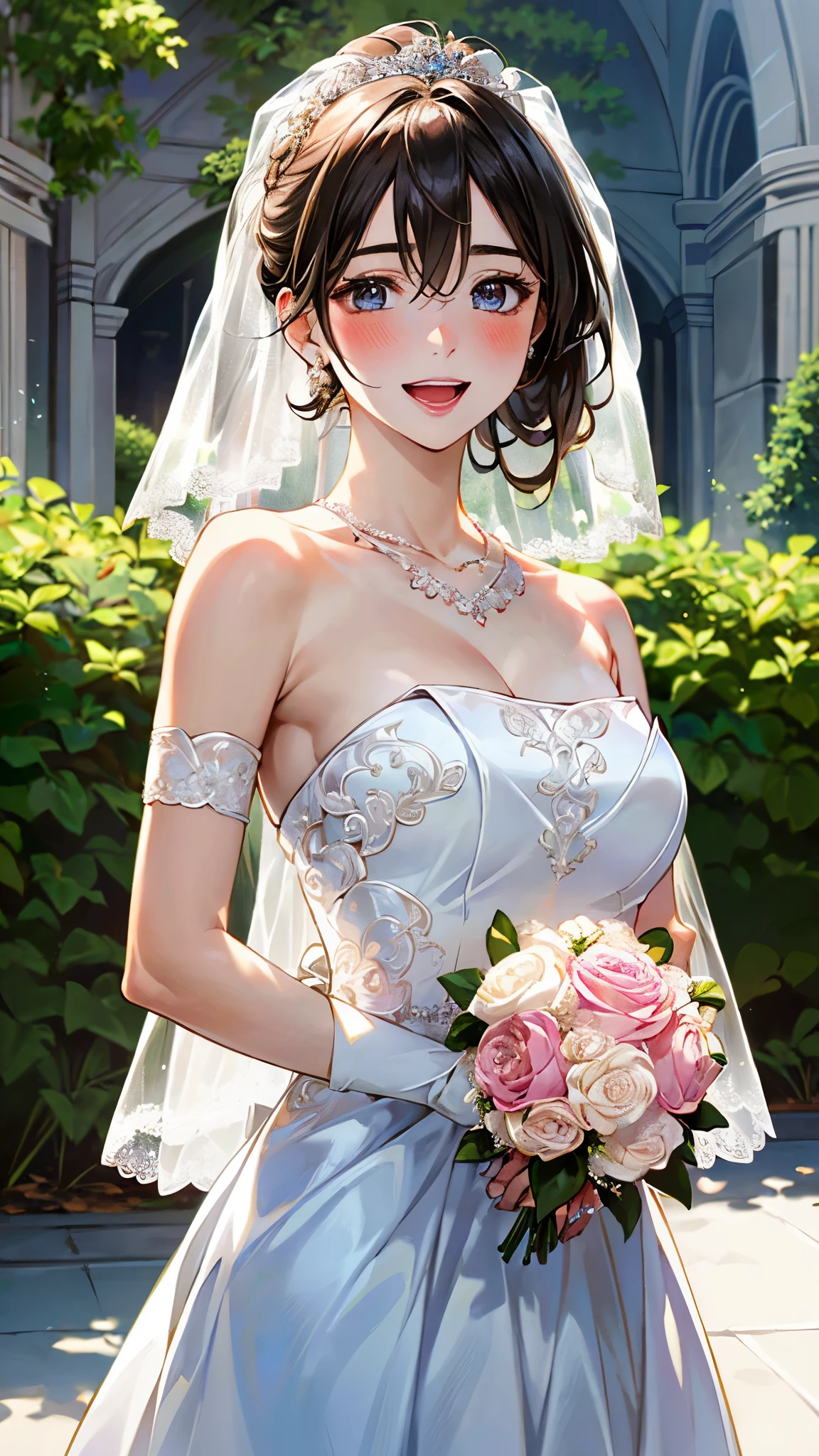 (masterpiece:1.3, top-quality, ultra high res, ultra detailed), (realistic, photorealistic:1.4), beautiful illustration, (natural side lighting, movie lighting), depth of fields,
looking at viewer, bust photo, 1 girl, 16 years old, perfect face, (perfect ???????), cute and symmetrical face, baby face, shiny skin, slender
(middle hair:1.5, side ponytail:1.4, blonde hair), hair between eyes, blue eyes, pink lips, long eye lasher, (large breasts:1.3), 
beautiful hair, beautiful face, beautiful detailed eyes, beautiful clavicle, beautiful body, beautiful chest, beautiful thigh, beautiful legs, beautiful fingers, 
detailed cloth texture, head flower, headdress, (strapless wedding dress:1.5), (silk dress:1.2), necklace, earring, cleavage, bouquet, (lace gloves:1.2), (bridal veil:1.2), (short transparent veil:1.2), 
(beautiful scenery), evening, (flower garden, outside church) standing, (happy smile, blush, open mouth small), 