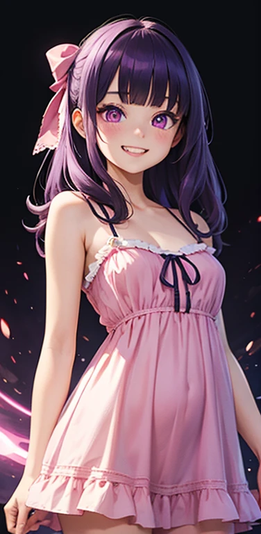 (8K、highest quality、masterpiece:1.2)、Super detailed、super resolution、Realistic、(1girl) 、(purple hair)、(blunt bangs:1.5),pink eyes、(face focus,cowboy shot),(glowing eyes:1.4),(sundress:1.3)、(grin:1.3),open mouth、cute face,blush、small breasts,hair ribbon,(simple background),