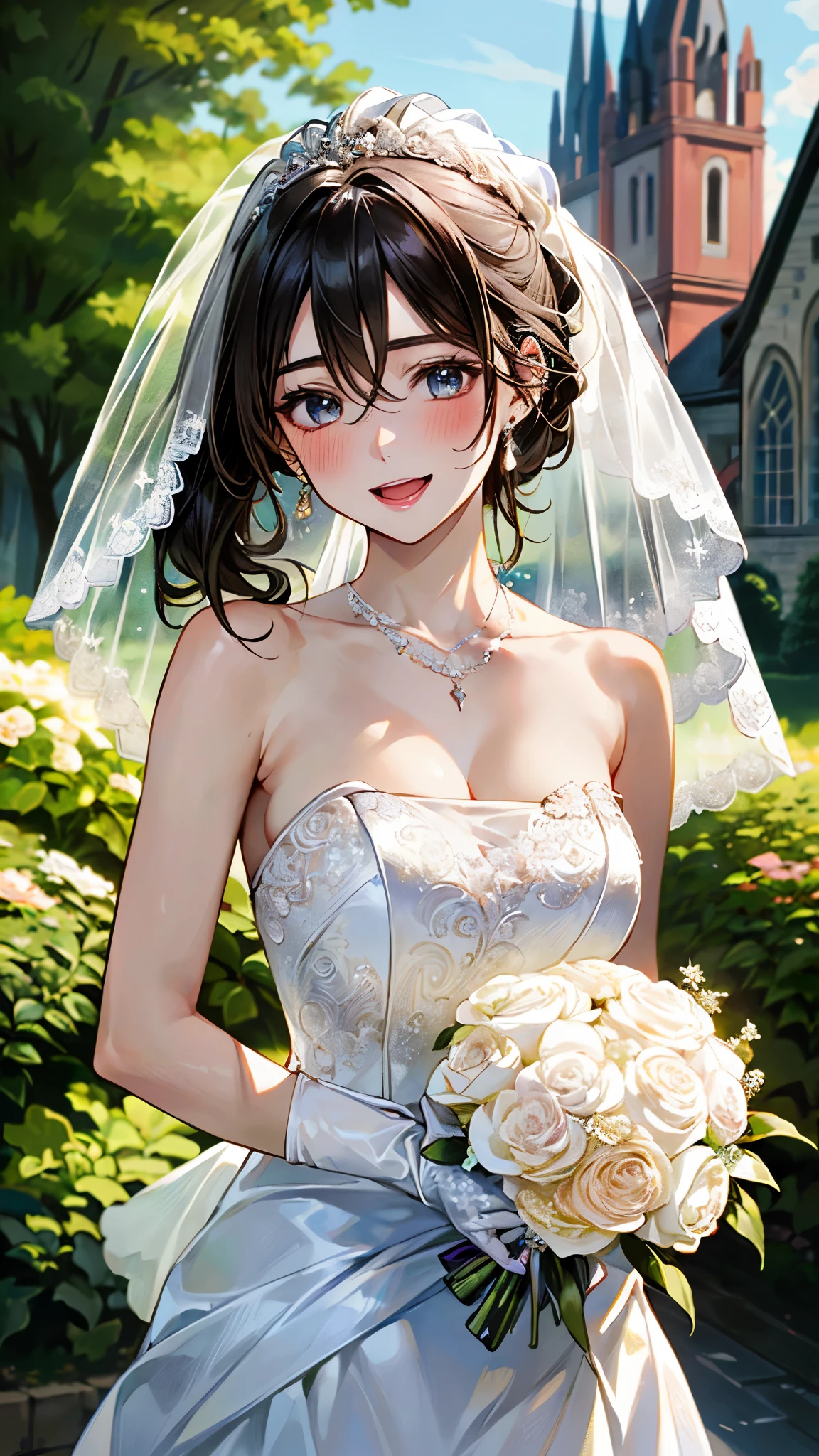 (masterpiece:1.3, top-quality, ultra high res, ultra detailed), (realistic, photorealistic:1.4), beautiful illustration, (natural side lighting, movie lighting), depth of fields,
looking at viewer, bust photo, 1 girl, , perfect face, (perfect anatomy), cute and symmetrical face, baby face, shiny skin, slender
(middle hair:1.5, side ponytail:1.4, blonde hair), hair between eyes, blue eyes, pink lips, long eye lasher, (large breasts:1.3),
beautiful hair, beautiful face, beautiful detailed eyes, beautiful clavicle, beautiful body, beautiful chest, beautiful thigh, beautiful legs, beautiful fingers,
detailed cloth texture, head flower, headdress, (strapless wedding dress:1.5), (silk dress:1.2), necklace, earring, cleavage, bouquet, (lace gloves:1.2), (bridal veil:1.2), (short transparent veil:1.2),
(beautiful scenery), evening, (flower garden, outside church) standing, (happy smile, blush, open mouth small),