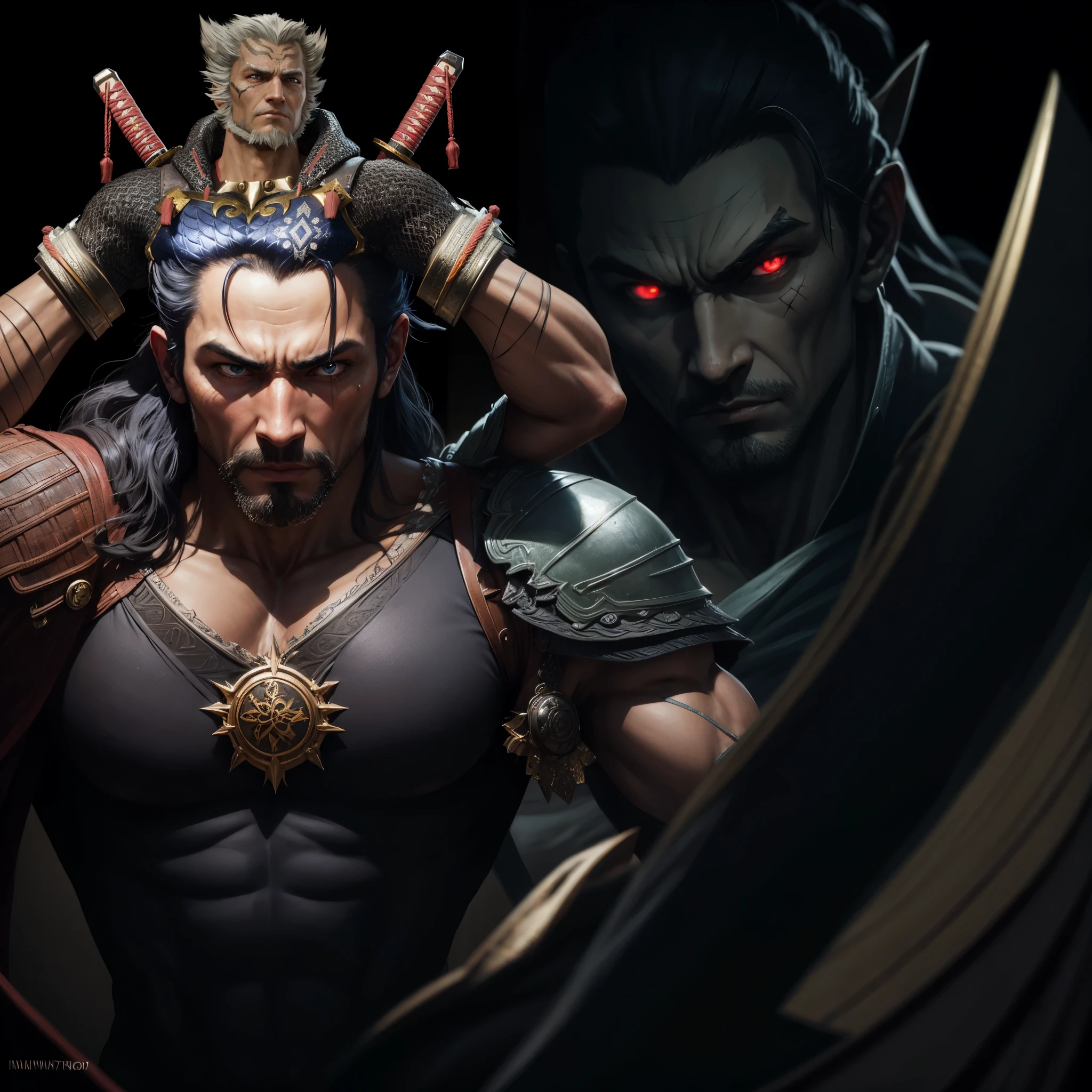 Close-up of the statue of a man with a sword, As a Tekken character, highly detailed skin, High detail iconic characters, Wolfgang Rettol is very detailed, highly detailed fantasy characters, wearing monster hunter armor, shinkiro toshiaki mori, Cinematic close-up bust shot, very fine skin, highly detailed skin, sharp high detail face, Super detailed content : face