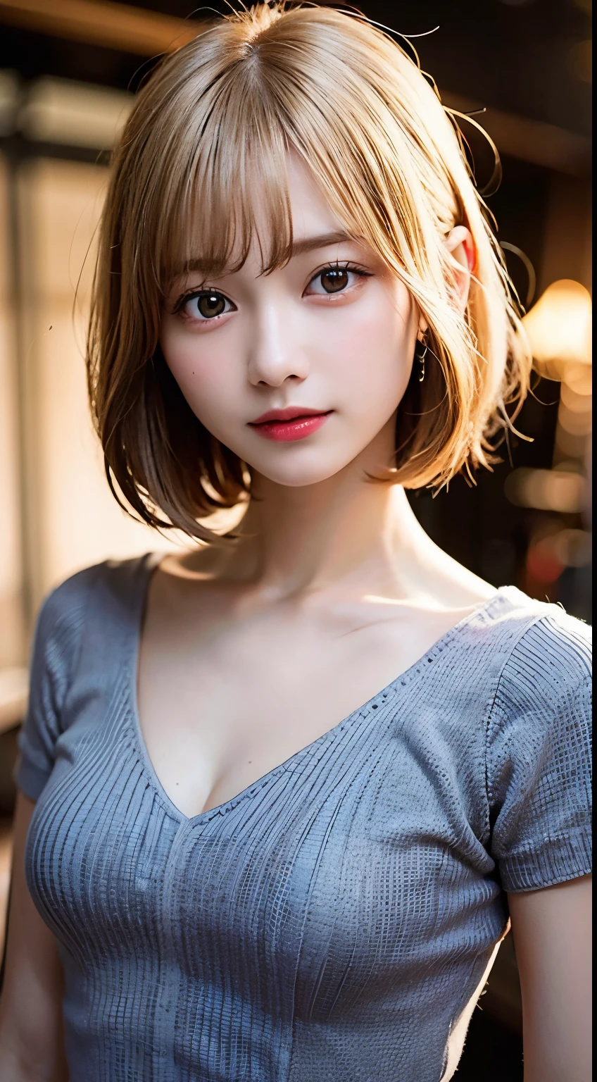 (8k, RAW photo:1.2)detailed face and eyes,最high quality, 超A high resolution, very detailed ,intricate details  ,pretty girl , soft movie-like light, hyper detail,sharp focus, high quality, blonde hair, bob cut, knit,clavicle,beautiful breasts,medium breasts,Peeking into,whole body