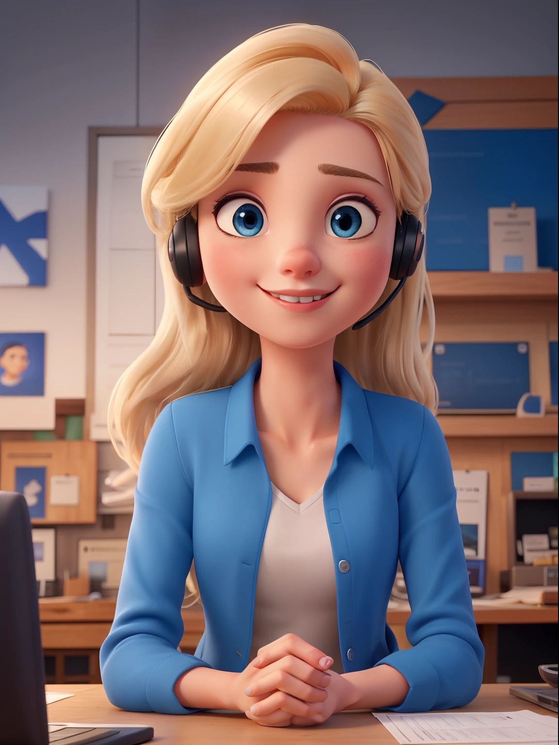 ((best quality)), ((artwork)), (detailed), perfect face, young twenty-two year old blonde, straight hair and blue eyes looking at the camera, wearing blue formal wear, wearing a work jacket blue, working in telemarketing
