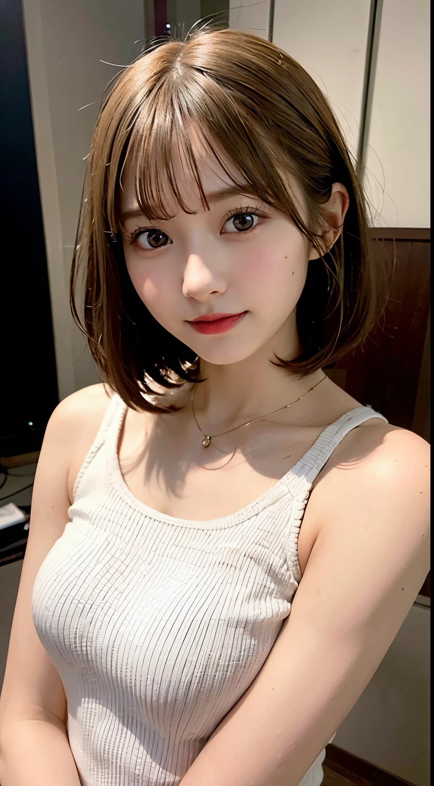 (8k, RAW photo:1.2)detailed face and eyes,最high quality, 超A high resolution, very detailed ,intricate details ,pretty girl , soft movie-like light, hyper detail,sharp focus, high quality, blonde hair, bob cut, knit,clavicle,beautiful breasts,medium breasts,Peeking into,whole body