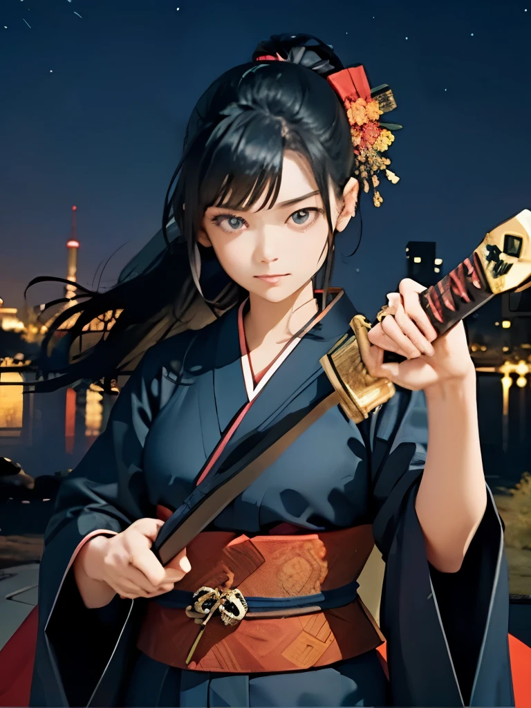 highest quality、long black hair woman、hair tied long、sharp eyes、slim body shape、prepare a sword、Dark blue Japan kimono、night town、Meadow on a moonlit night