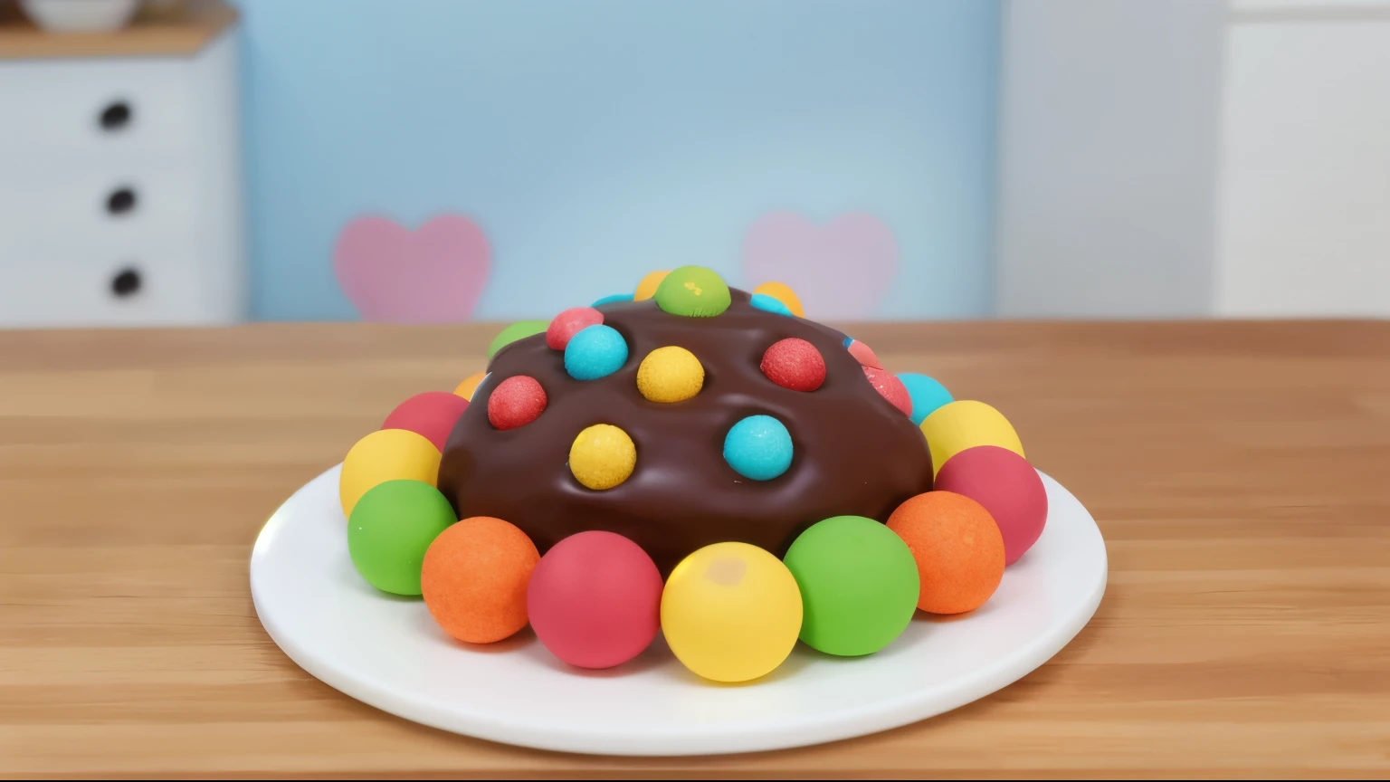 on a wooden table, on a white porcelain plate there is a tiny chocolate cake, cake looks like sphere, around the cake there are tiny multicolored balls, on the cake are cookies in the form of hearts, cookies are attached with the help of green filling, between the cake and the balls there is also a green topping, realistic texture, realistic style, detailed texture, high quality, high resolution, high quality rendering, realistic photo, brightning light