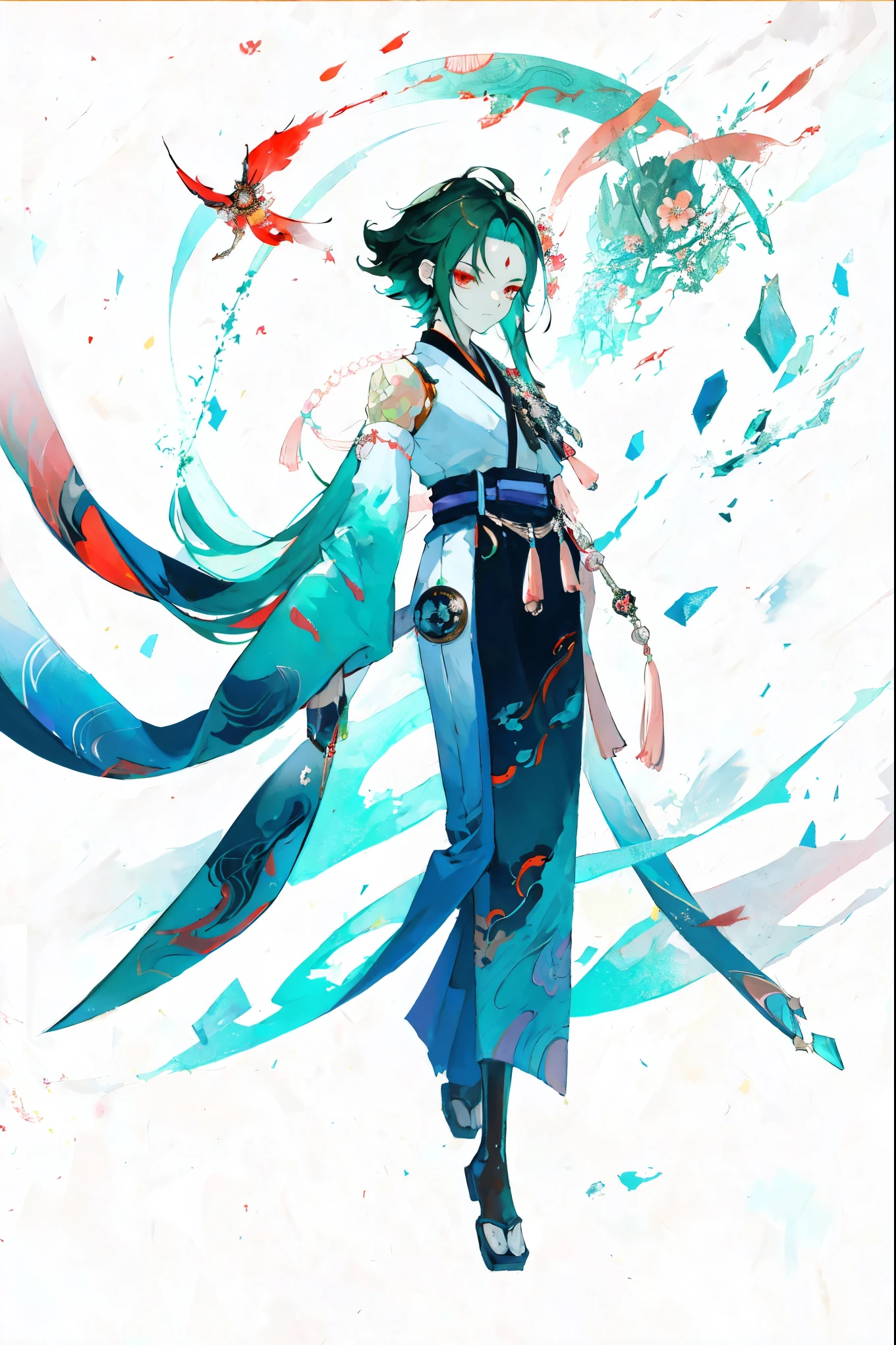 (full body standing painting), alone, masterpiece，best quality，8k，1 boy，dark green hair，best quality，masterpiece，Extremely，Eye focus beautiful eyes， Japanese kimono, Red Lycoris, Flowers of Hell，ghost，(White background), background with，masterpiece, best quality at best, revelation, , Beautiful and detailed light, beautiful and delicate eyes, diaphragm, big forehead,Onmyoji Detailed Art, Oriental traditional art style, beautiful painting style, Ukiyo-style, Biomechanical Robotic Aesthetics, nightmare reality, Cable, and microchips, Create a surreal visual effect. Volumetric lighting and 8k post-production bring ultra-detailed renders to life, Showcasing shades of red and white with a hint of black., masterpiece, top quality, best quality, ultra high resolution